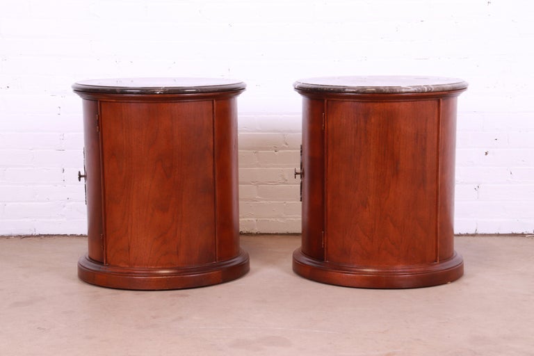 Empire Style Burl Wood Marble Top Drum End Tables or Nightstands, Pair