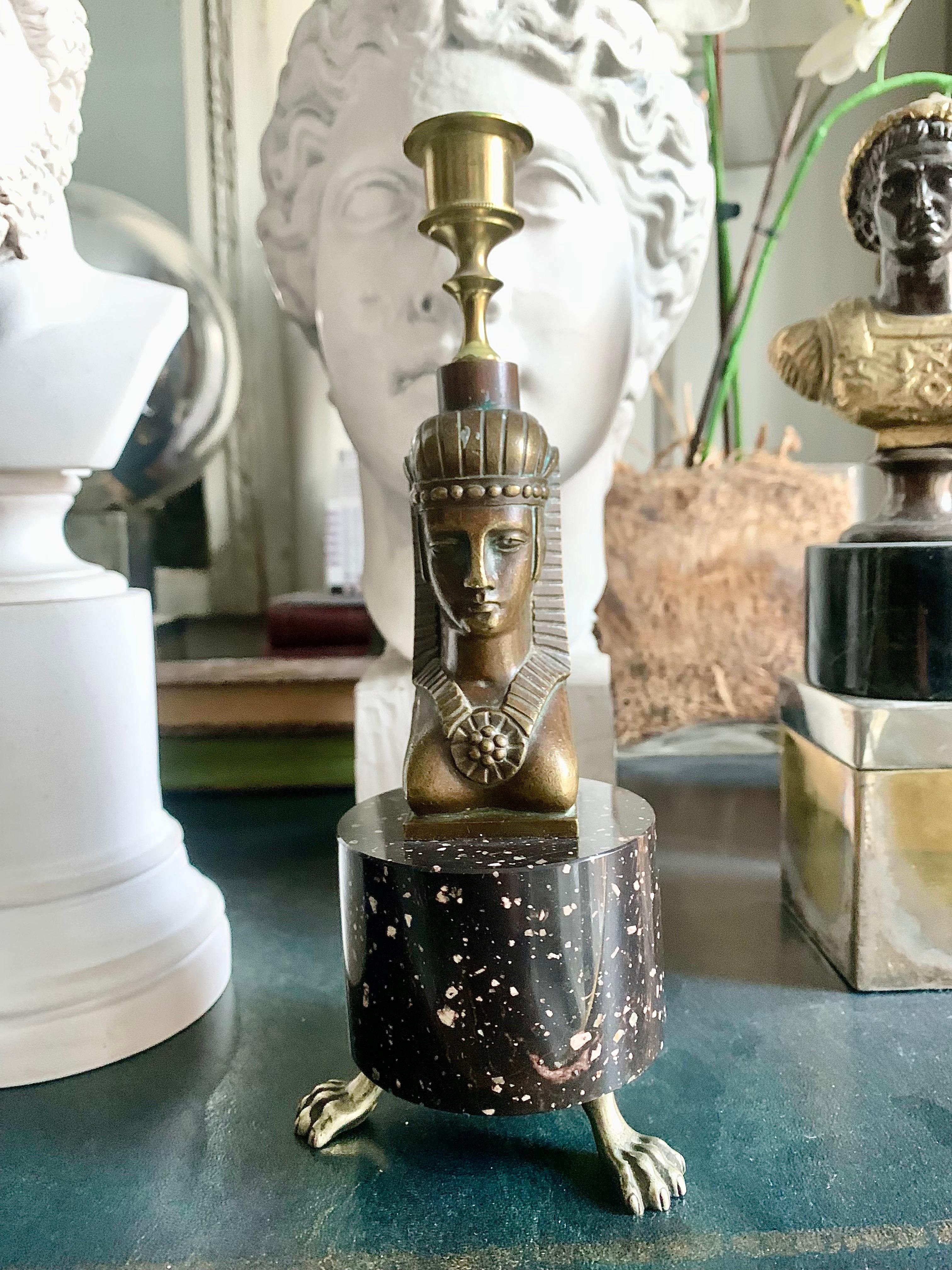 Empire Style Candlestick Bronze and Porphyry Base For Sale 5