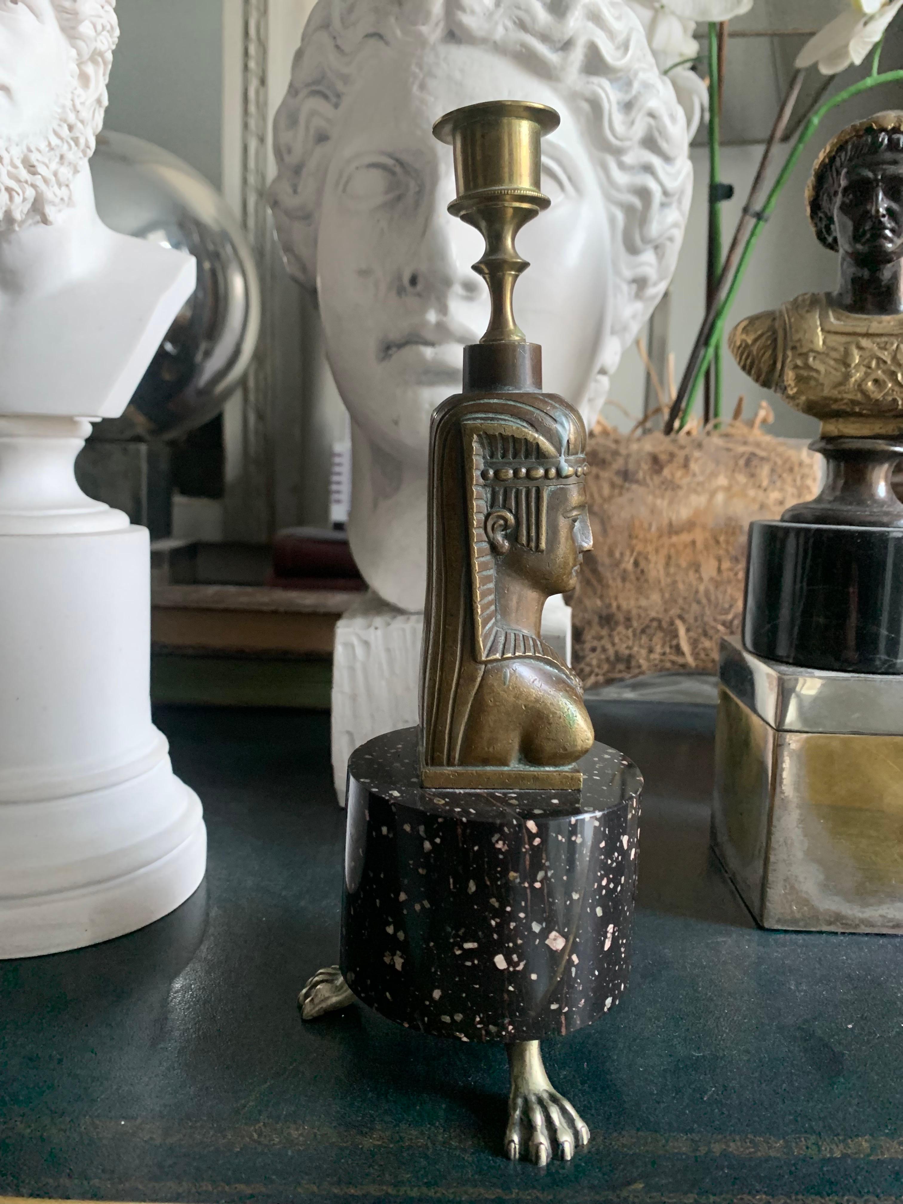 Empire Style Candlestick Bronze and Porphyry Base For Sale 6