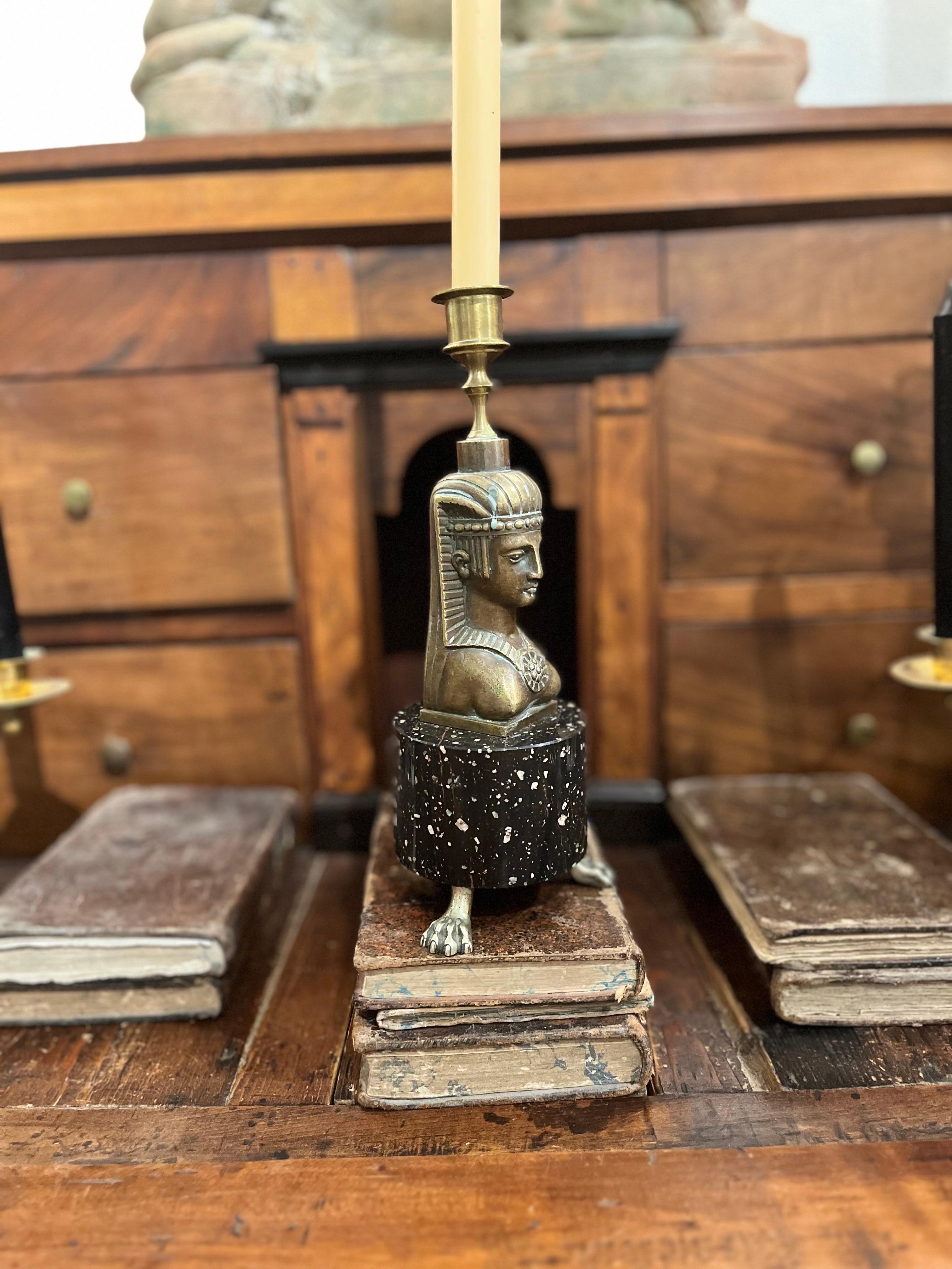 Empire Style Candlestick Bronze and Porphyry Base For Sale 9