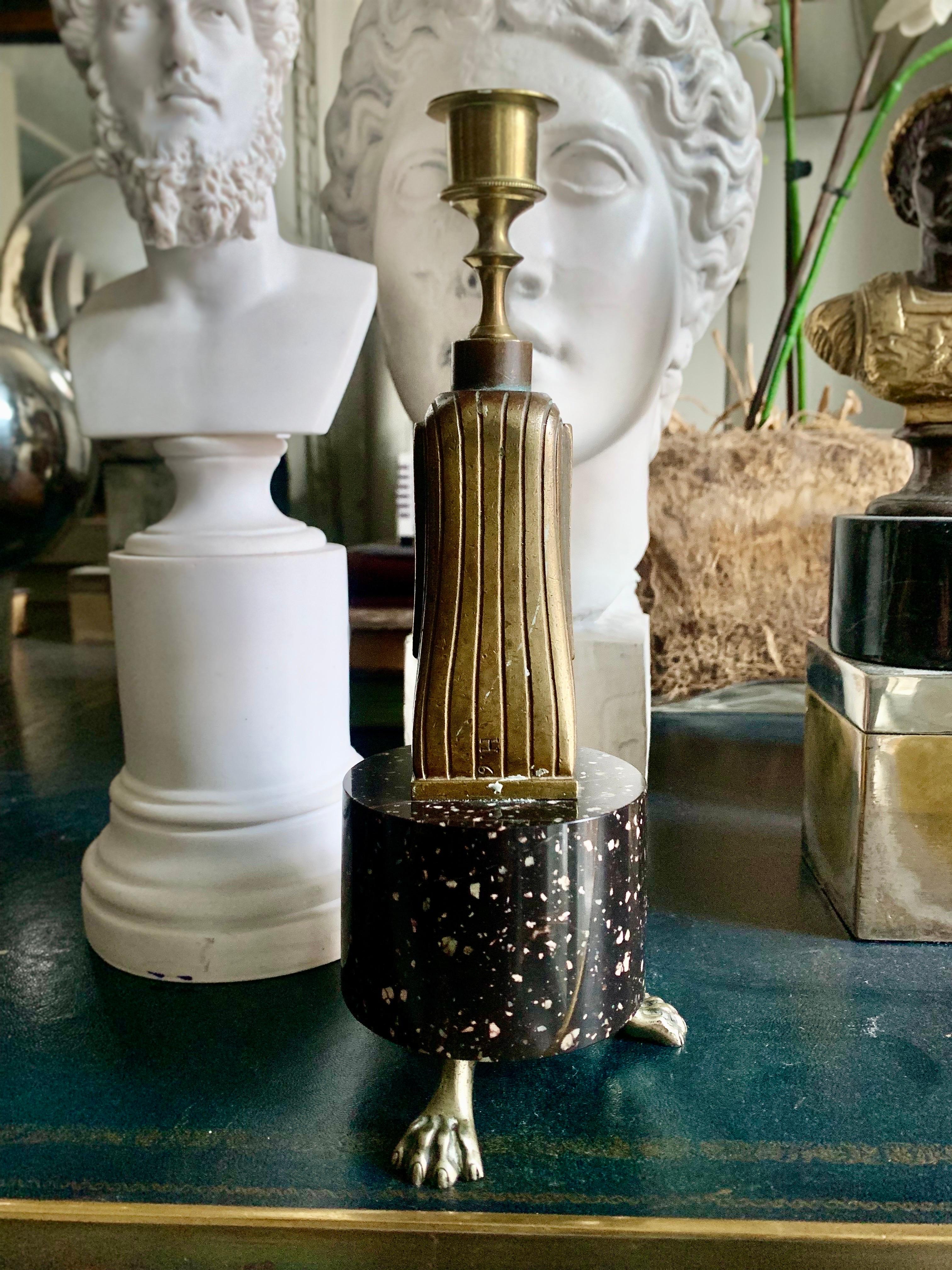 Empire Revival Empire Style Candlestick Bronze and Porphyry Base For Sale