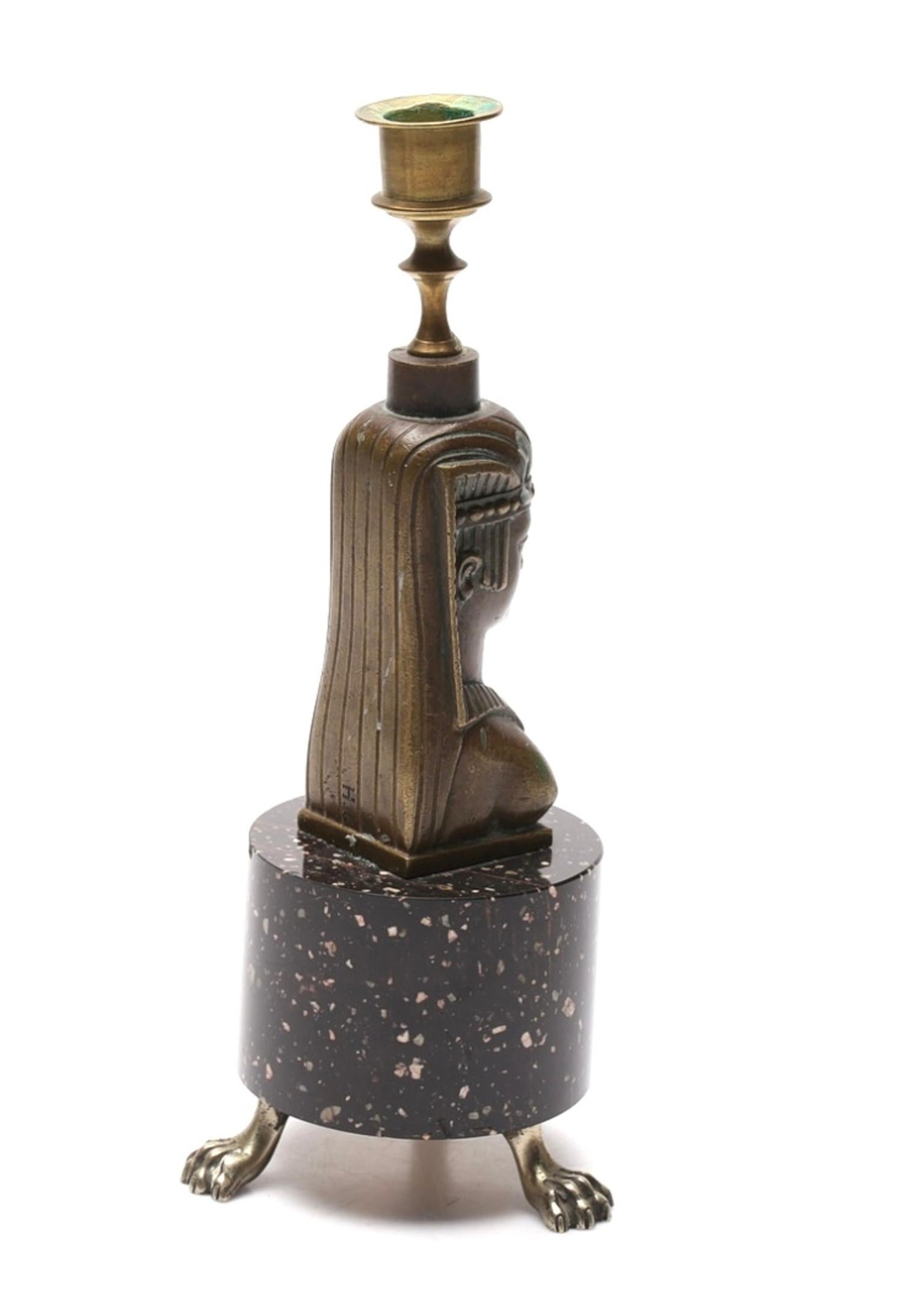 Empire Style Candlestick Bronze and Porphyry Base For Sale 1