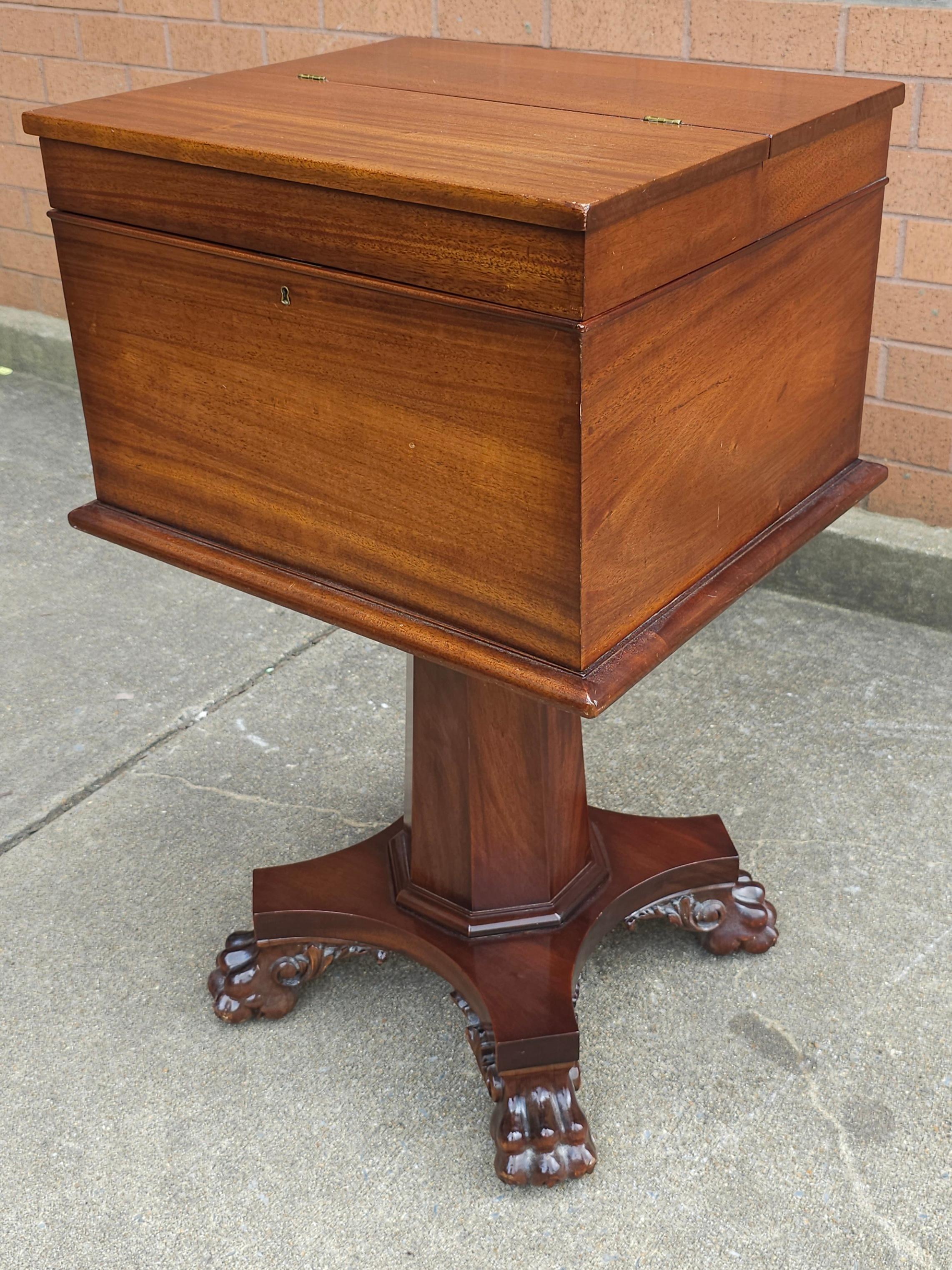 American Empire Empire Style Carved Mahogany Hinged Box On Stand / Sewing Table For Sale