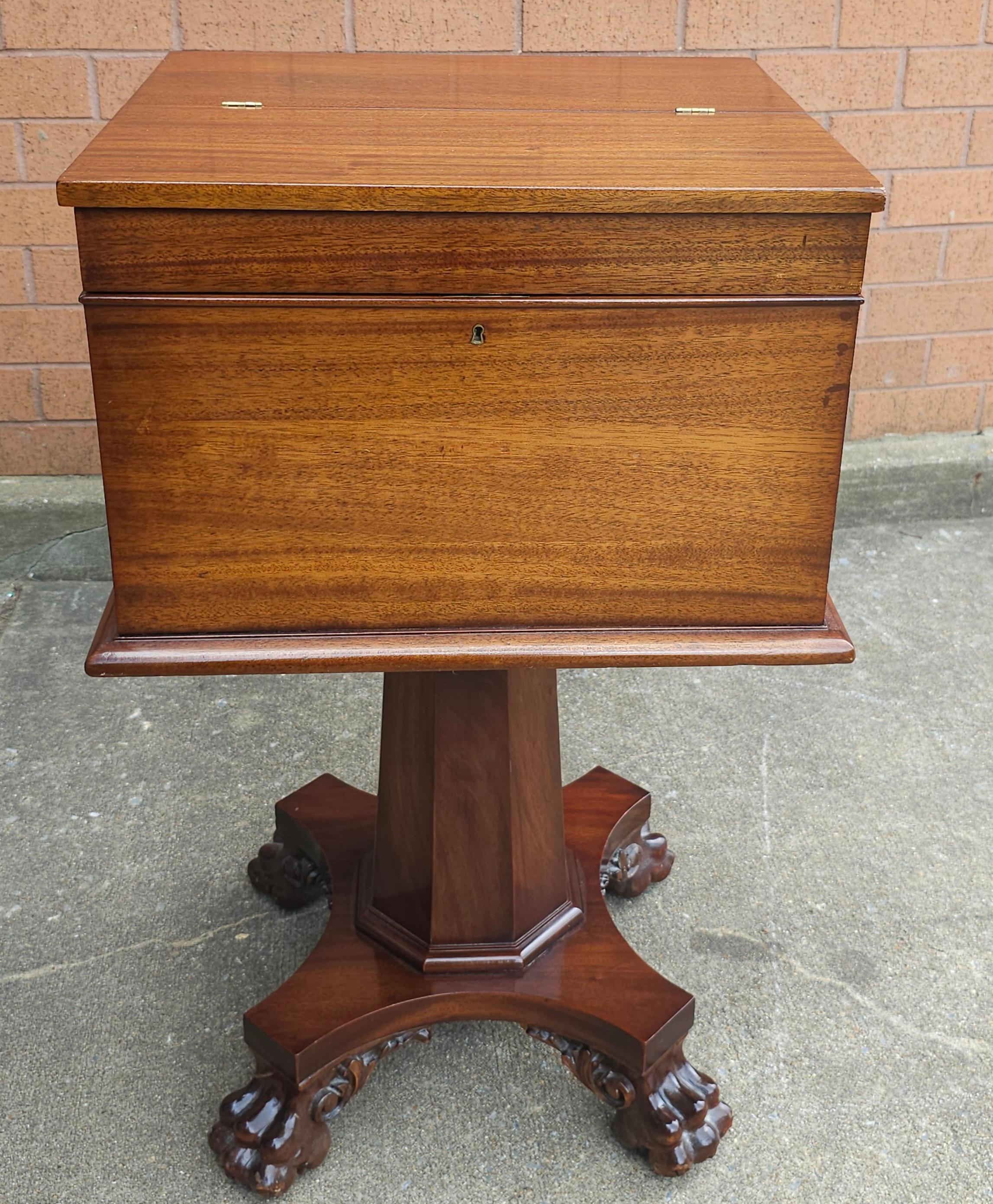 American Empire Style Carved Mahogany Hinged Box On Stand / Sewing Table For Sale