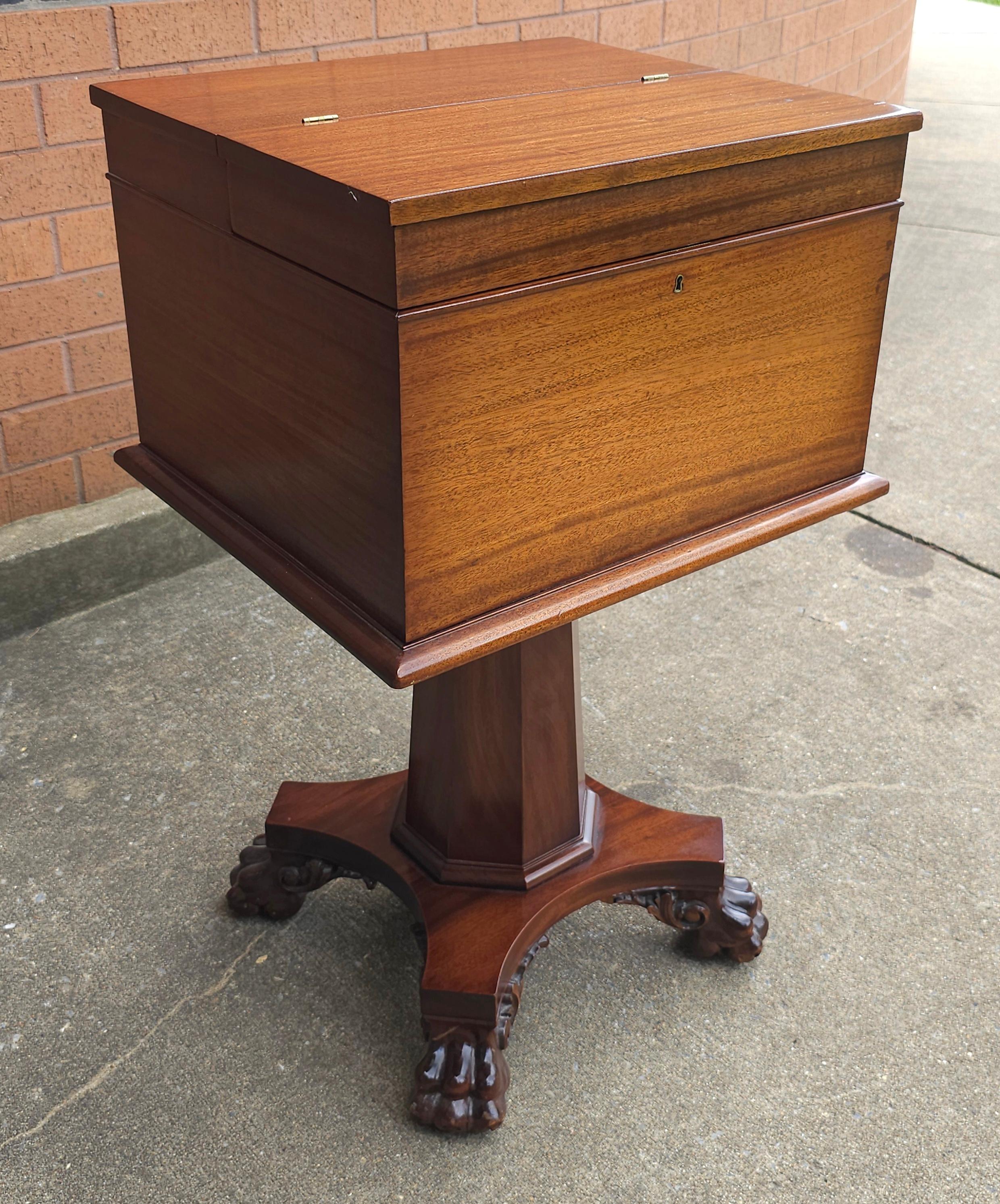 Empire Style Carved Mahogany Hinged Box On Stand / Sewing Table In Good Condition For Sale In Germantown, MD