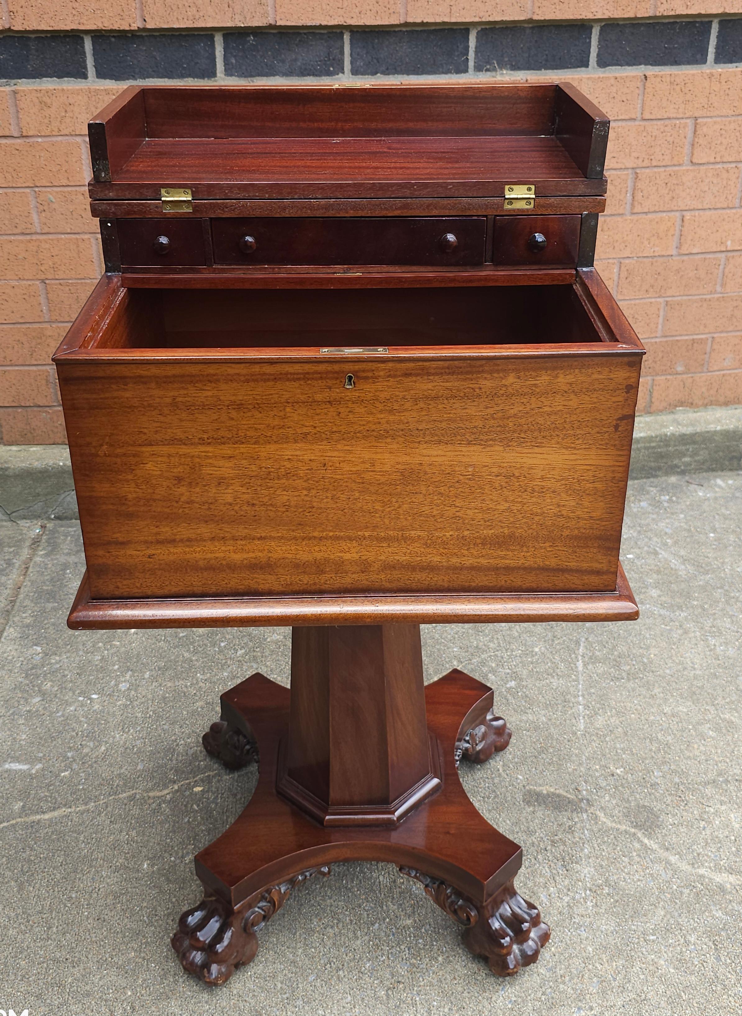 20th Century Empire Style Carved Mahogany Hinged Box On Stand / Sewing Table For Sale