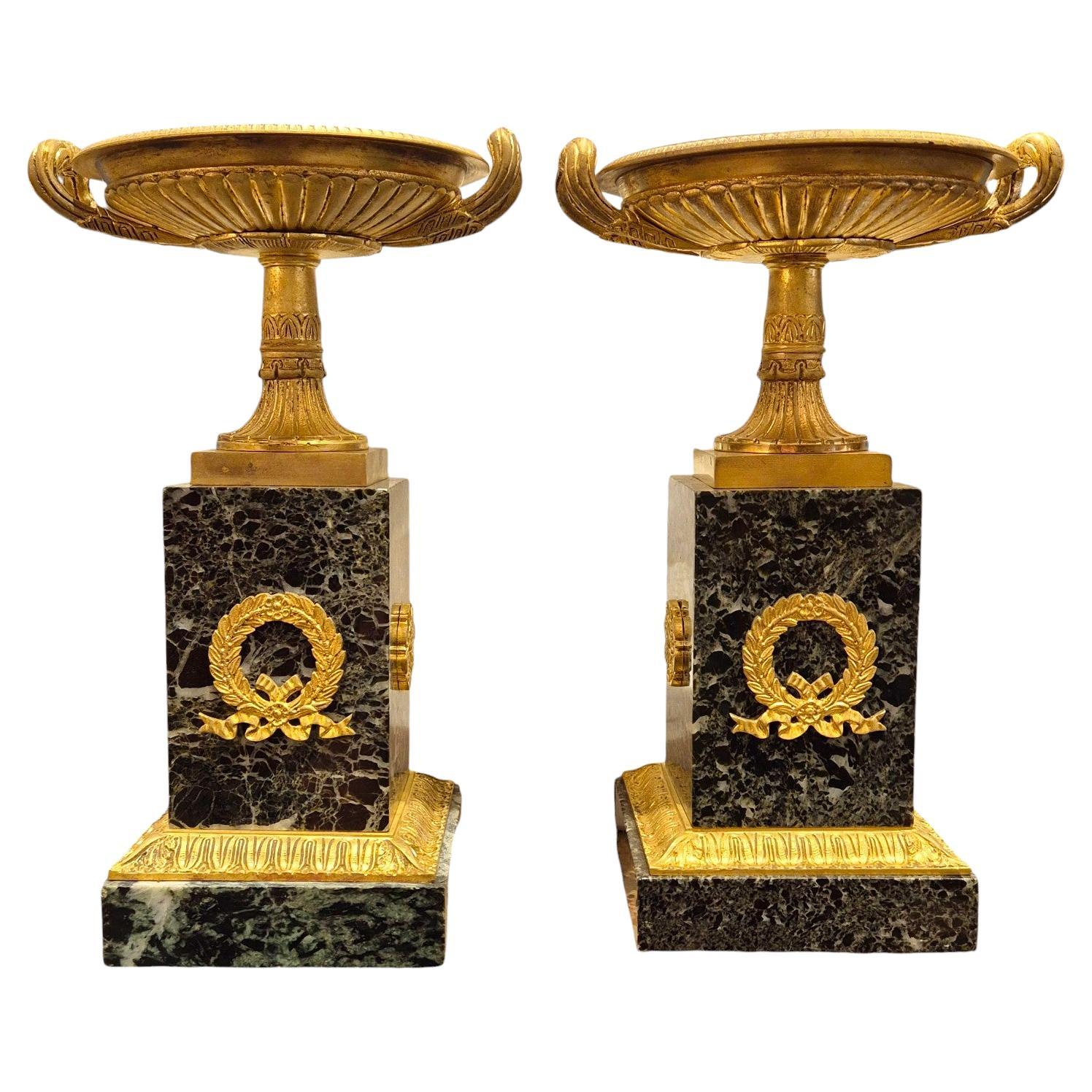 Empire style cassolettes in sea green marble and gilt bronze, 19th century