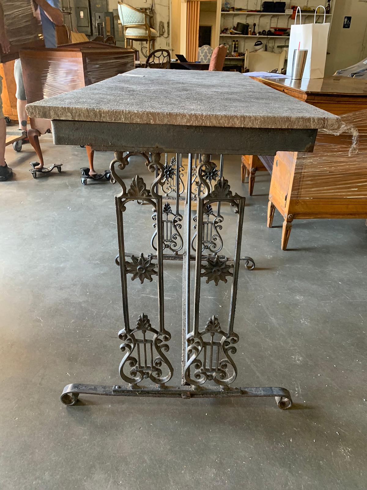 Early 20th Century Empire Style Cast Iron Garden Table with Stone Top, circa 1900