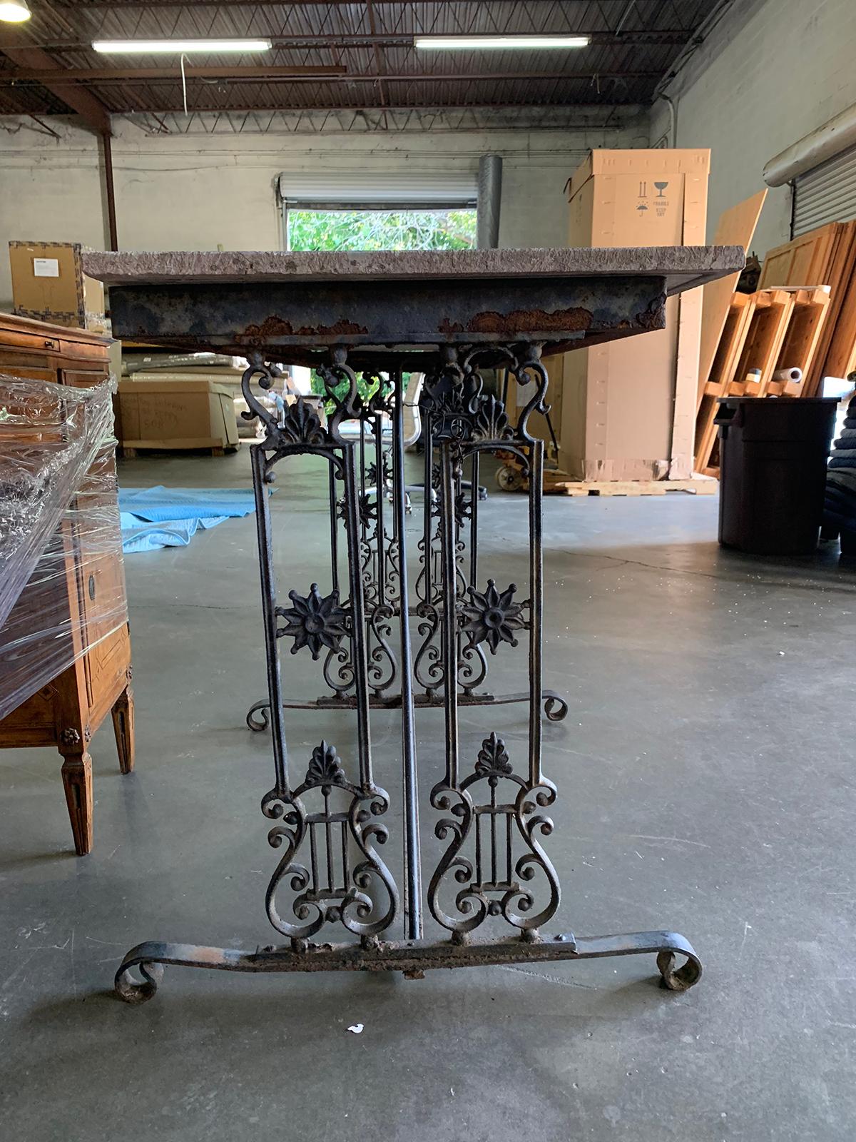 Empire Style Cast Iron Garden Table with Stone Top, circa 1900 4