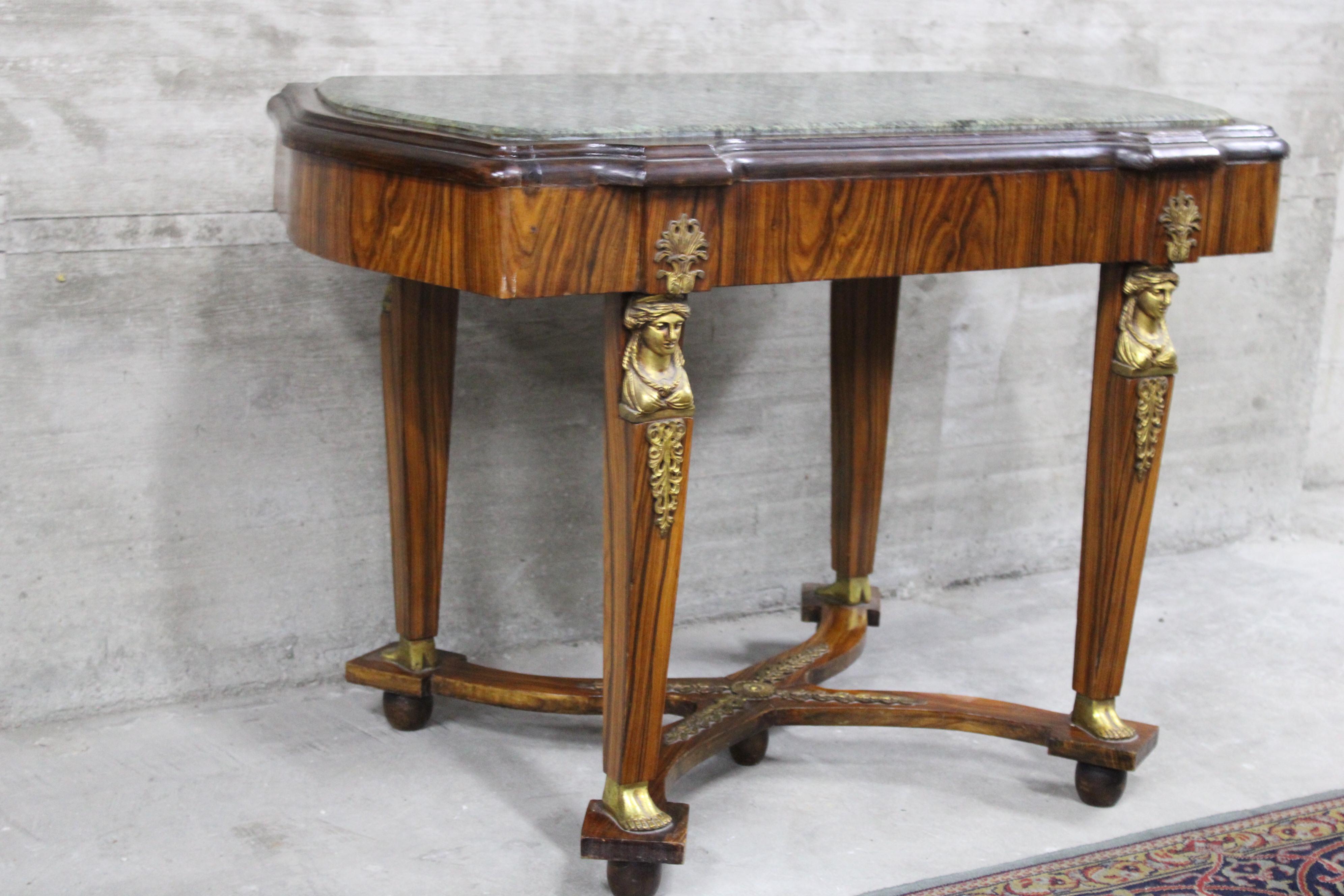 French Empire Style Antique Center Table with a Green Marble Top For Sale