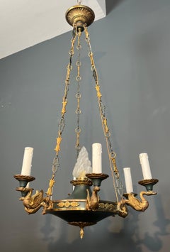 Empire Style Chandelier in Bronze, Green Sheet Metal and Molded Glass Flame