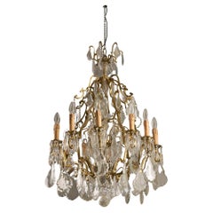 Lampadario in stile impero in ottone dorato e cristallo smerlato