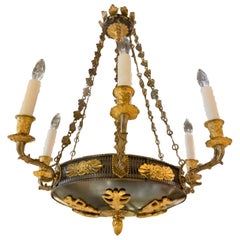 Empire Style Chandelier, Six Lights in Black and Gold with Gilt Chain