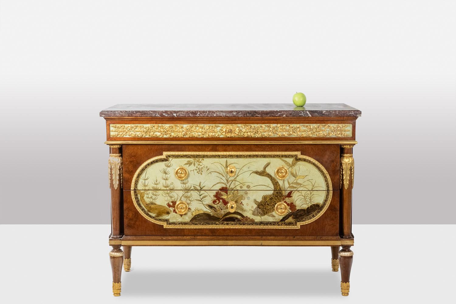 Bronze Empire style chest of drawers in lacquer, bronze and marble. Nineteenth century.