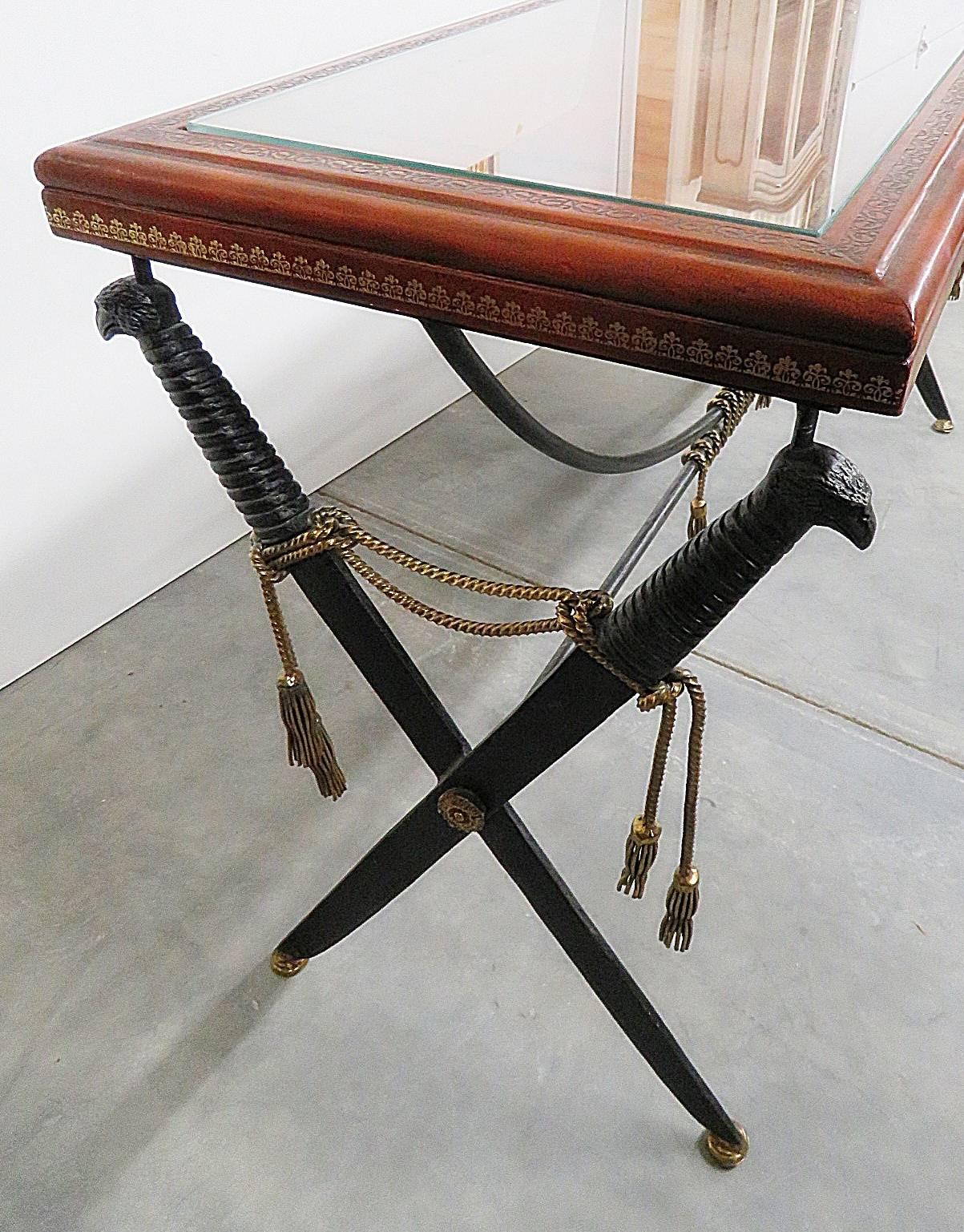 Embossed Leather Top Sword and Scabbard Wrought Iron Console Sofa Table  In Good Condition In Swedesboro, NJ