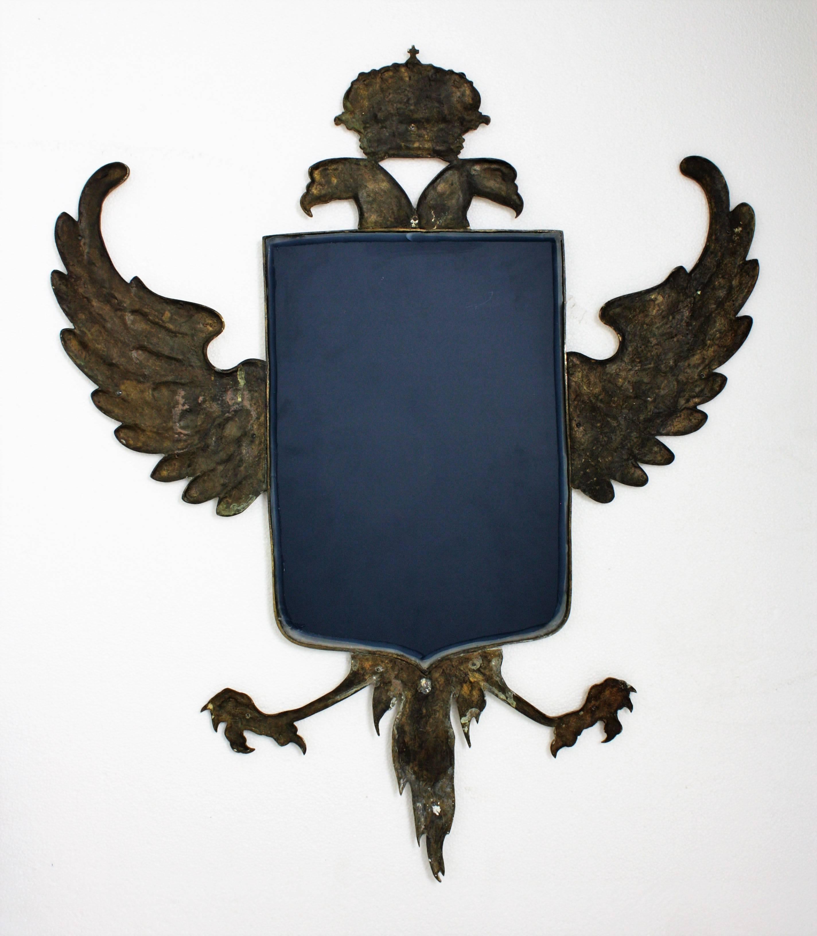 Empire Style Crowned Double Headed Eagle Bronze Wall Mirror, Spain, 1930s 5