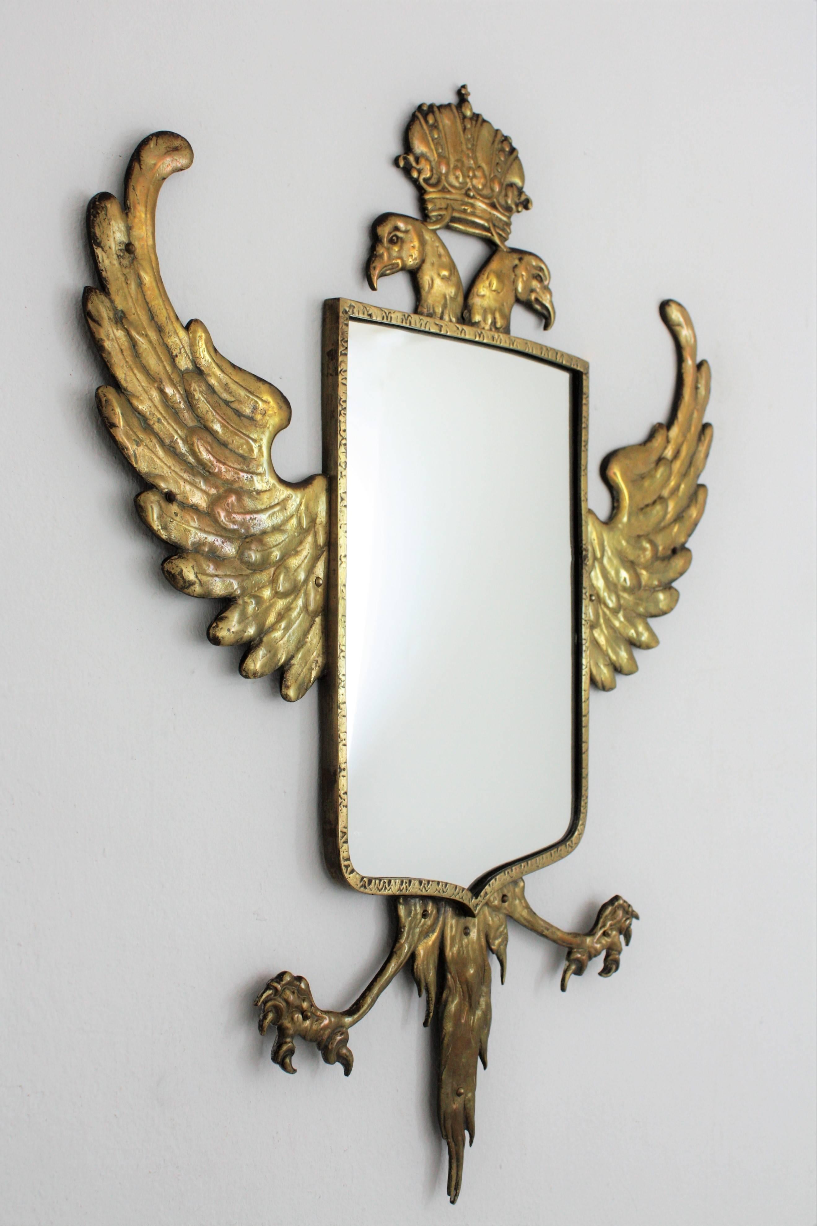 Spanish Empire Style Crowned Double Headed Eagle Bronze Wall Mirror, Spain, 1930s