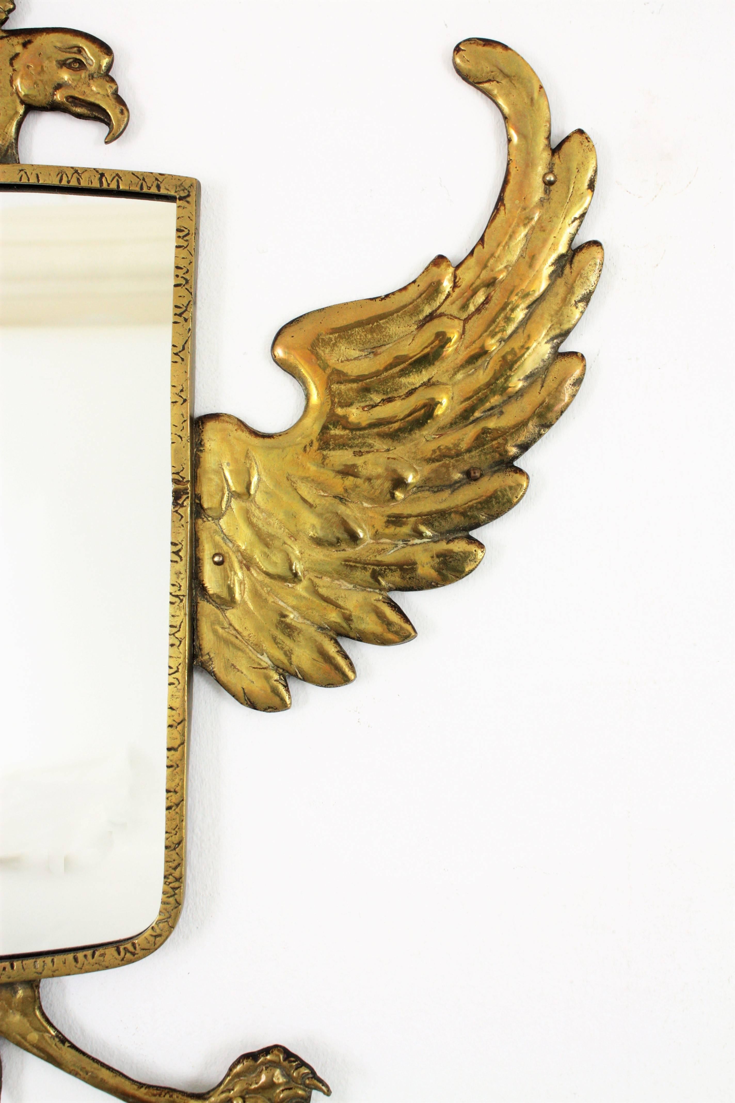 20th Century Empire Style Crowned Double Headed Eagle Bronze Wall Mirror, Spain, 1930s