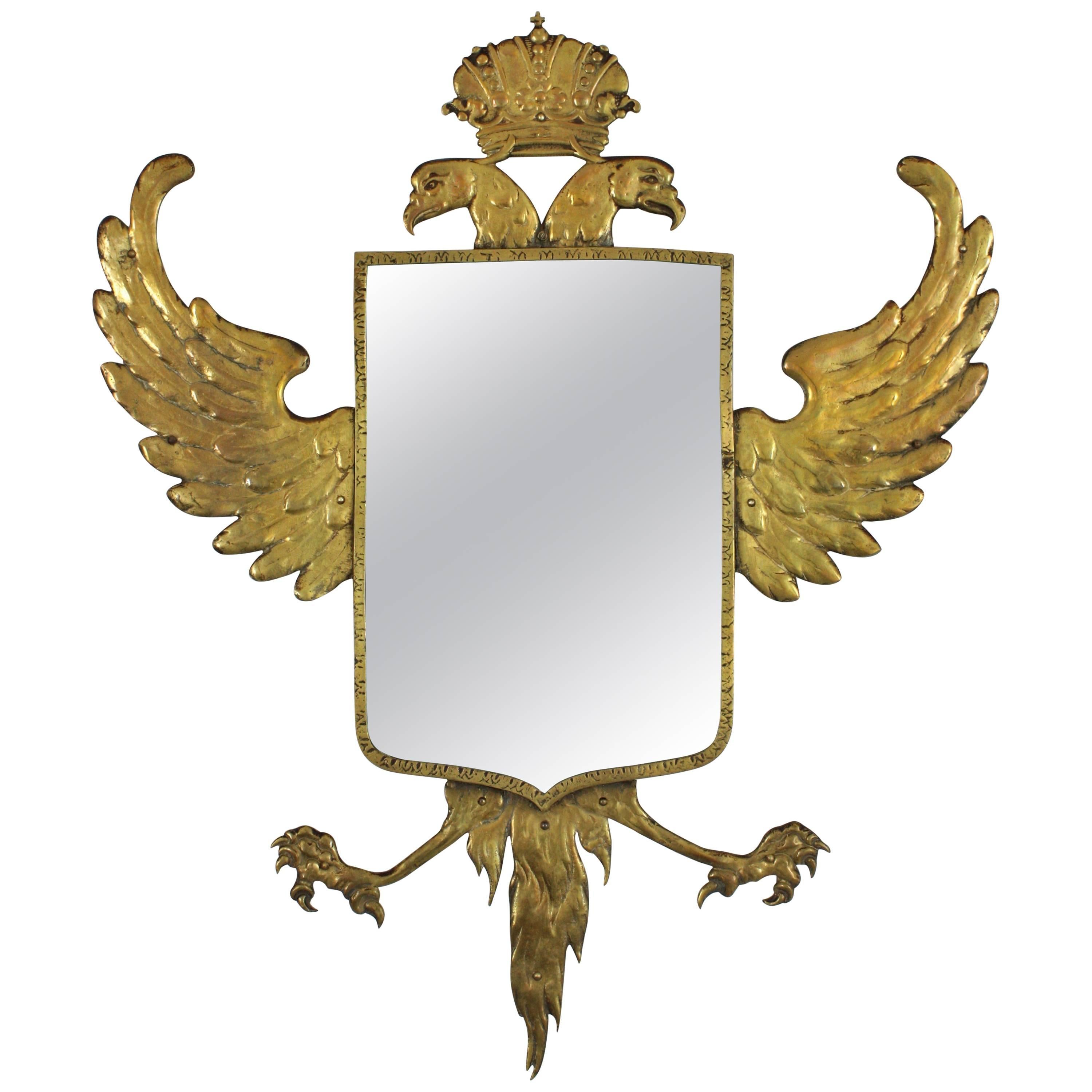 Empire Style Crowned Double Headed Eagle Bronze Wall Mirror, Spain, 1930s