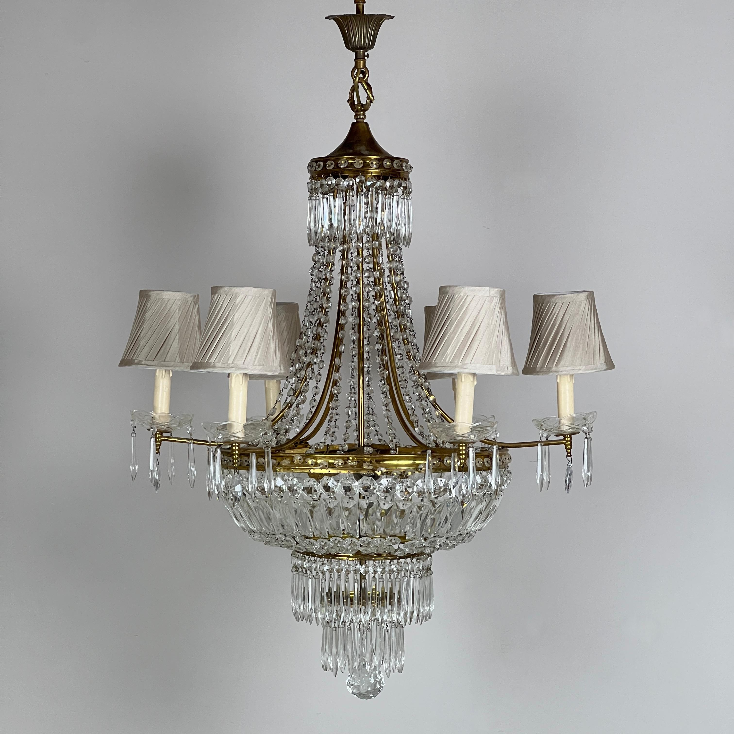 English Empire Style Crystal and Brass Tent and Bag Chandelier