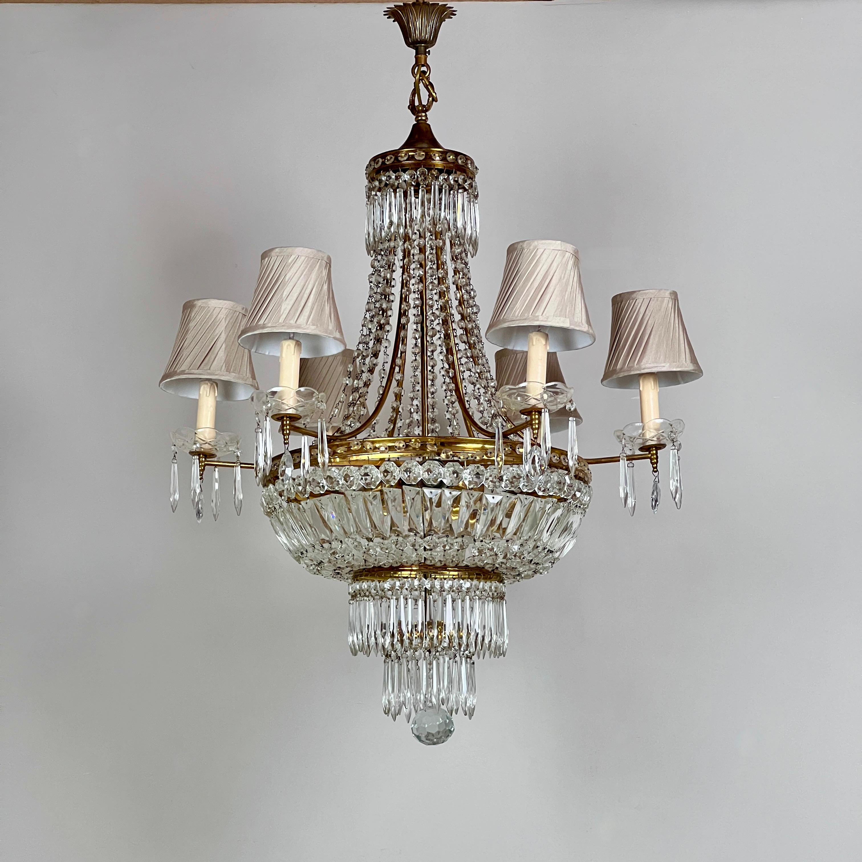 20th Century Empire Style Crystal and Brass Tent and Bag Chandelier