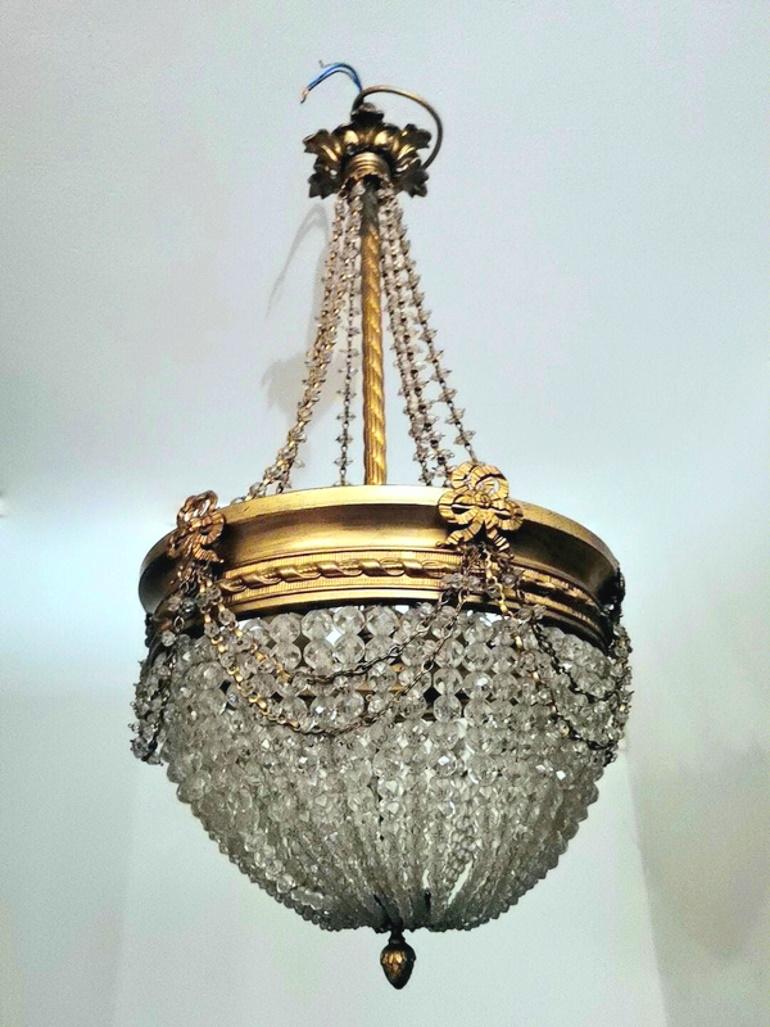 French Empire Style Crystal and Golden Brass Montgolfier Chandelier, France