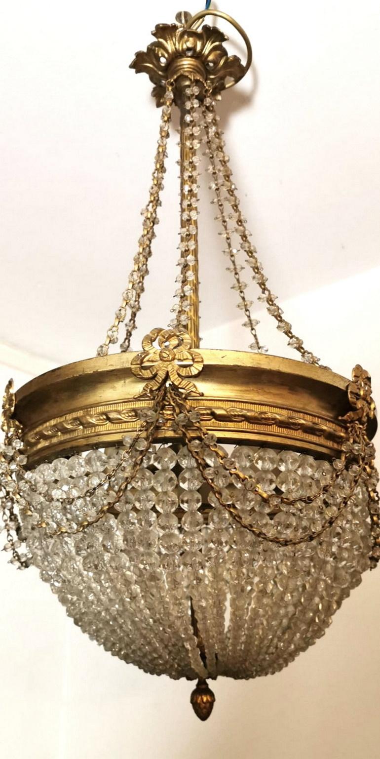 Faceted Empire Style Crystal and Golden Brass Montgolfier Chandelier, France