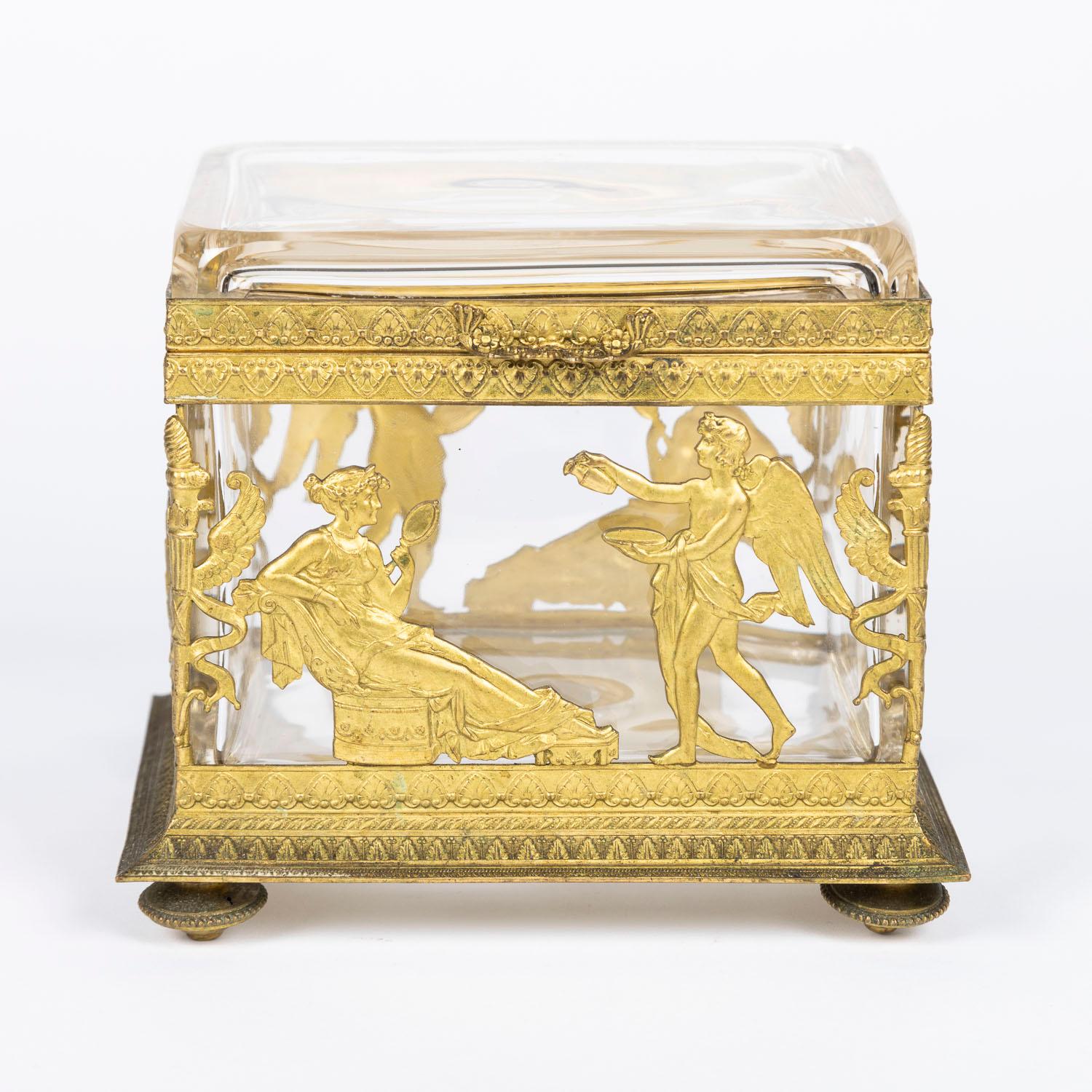 A French late 19th century Empire style crystal box with classical gilt bronze mounts.