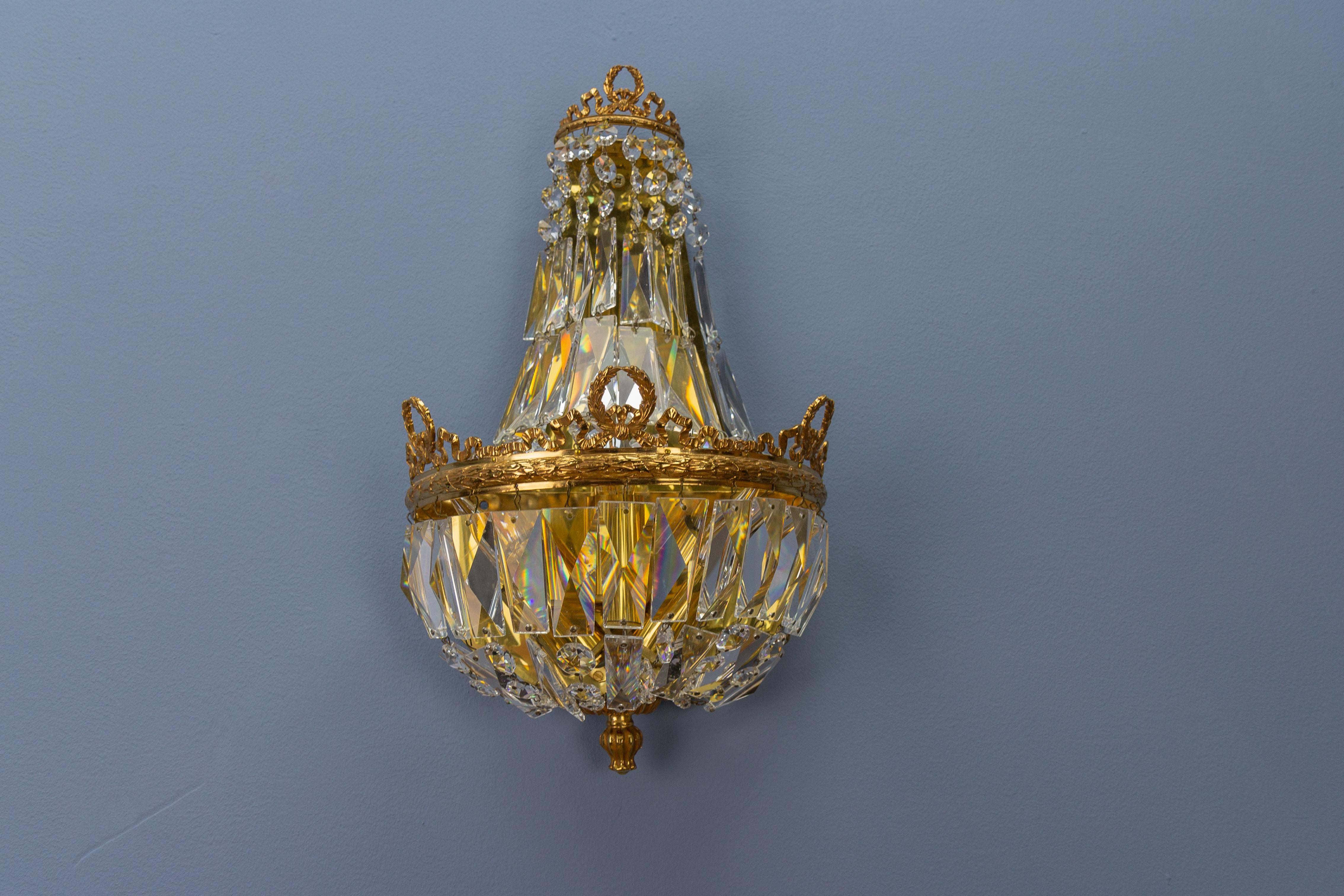 Empire Style Crystal Glass and Brass Sconce by Palwa, Germany, 1960s For Sale 5