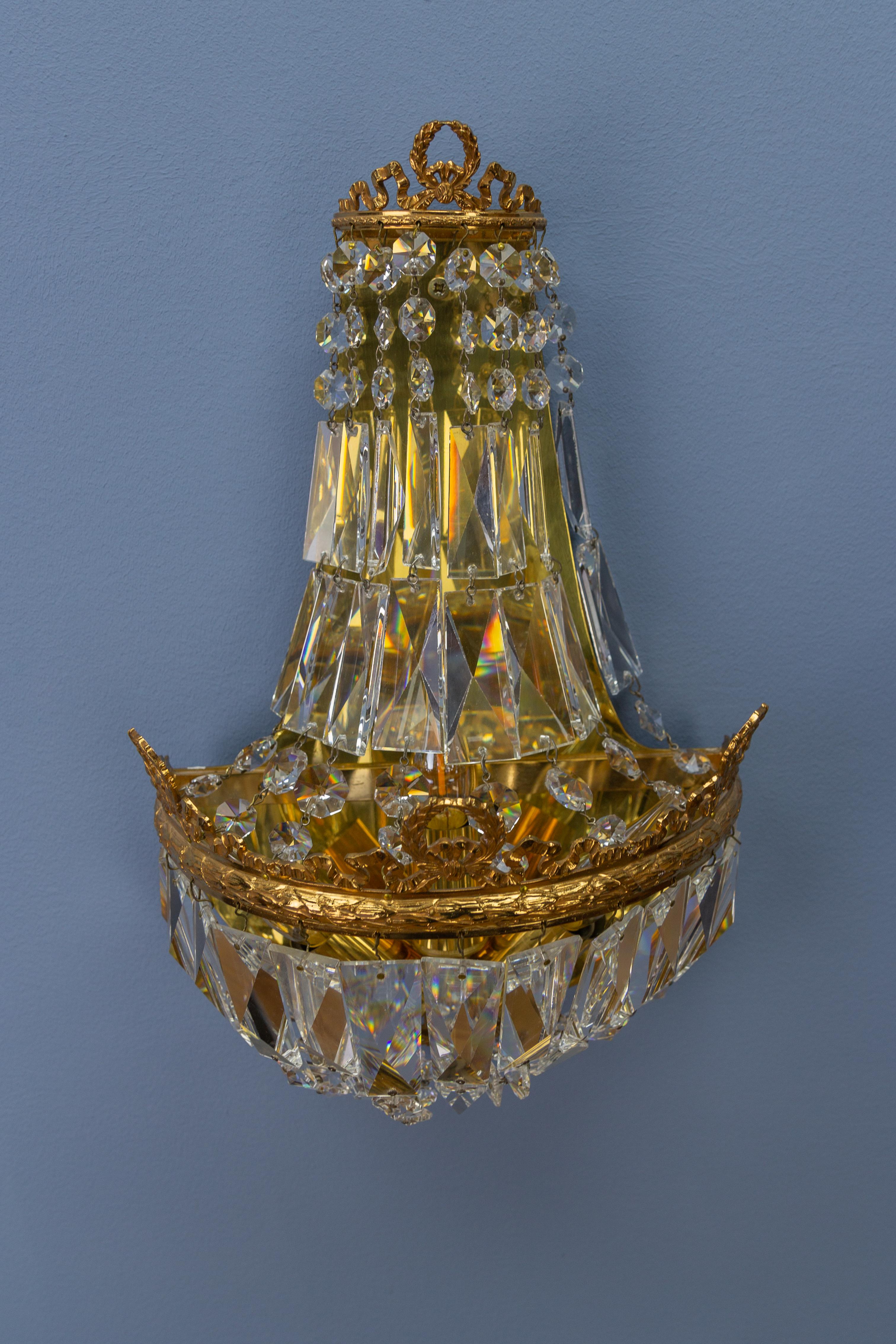 Gilt Empire Style Crystal Glass and Brass Sconce by Palwa, Germany, 1960s For Sale