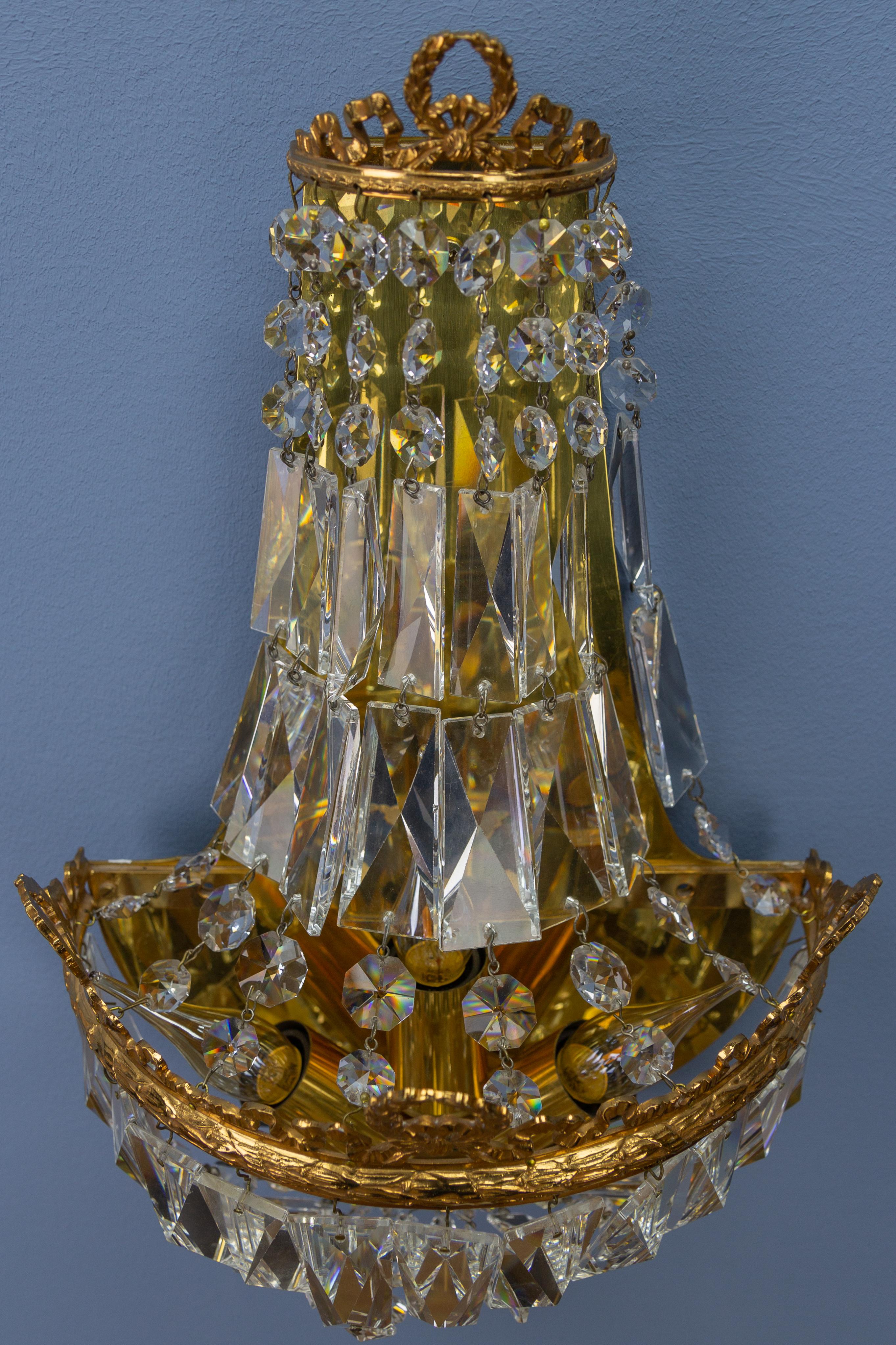 Empire Style Crystal Glass and Brass Sconce by Palwa, Germany, 1960s In Good Condition For Sale In Barntrup, DE