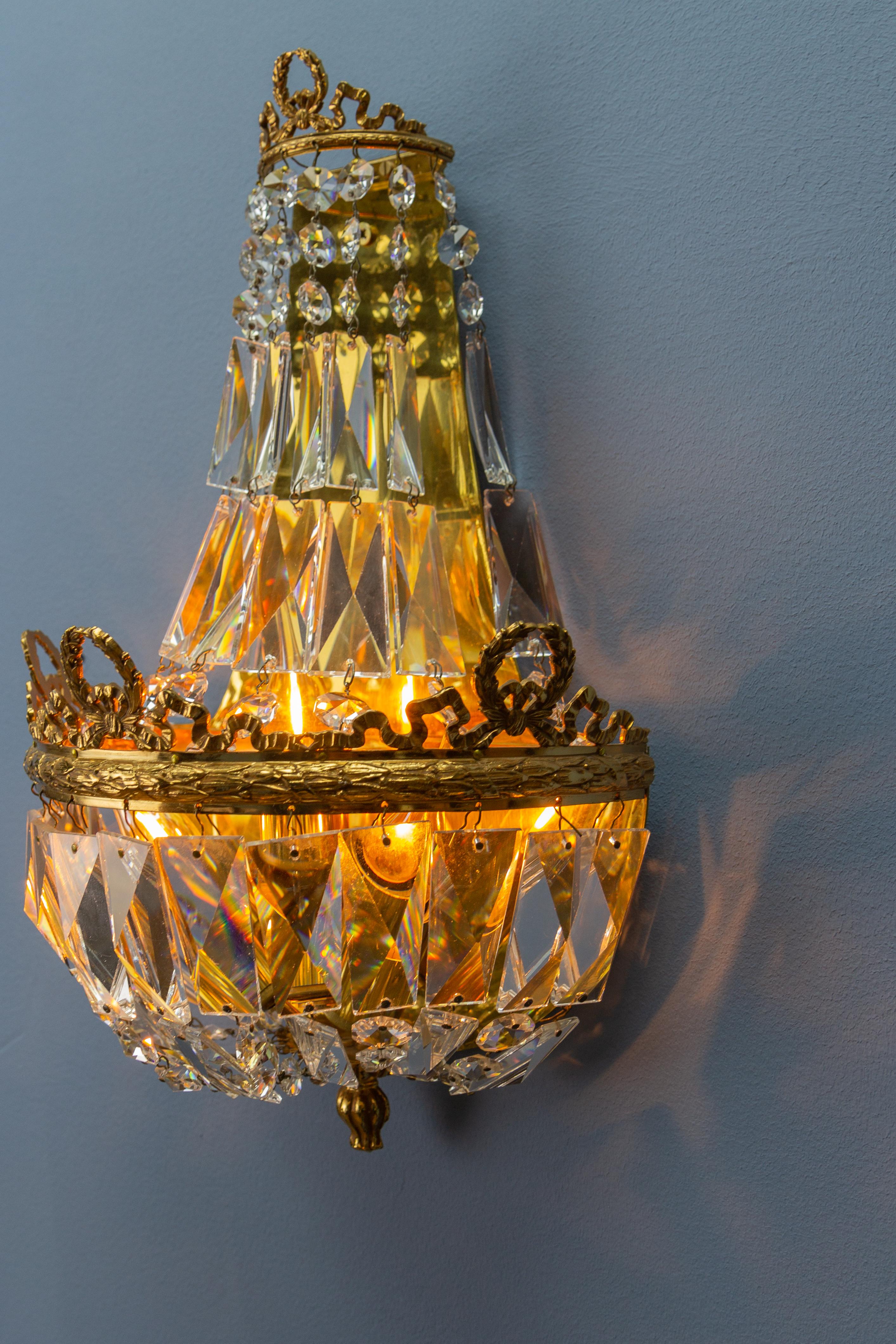 Empire Style Crystal Glass and Brass Sconce by Palwa, Germany, 1960s For Sale 1