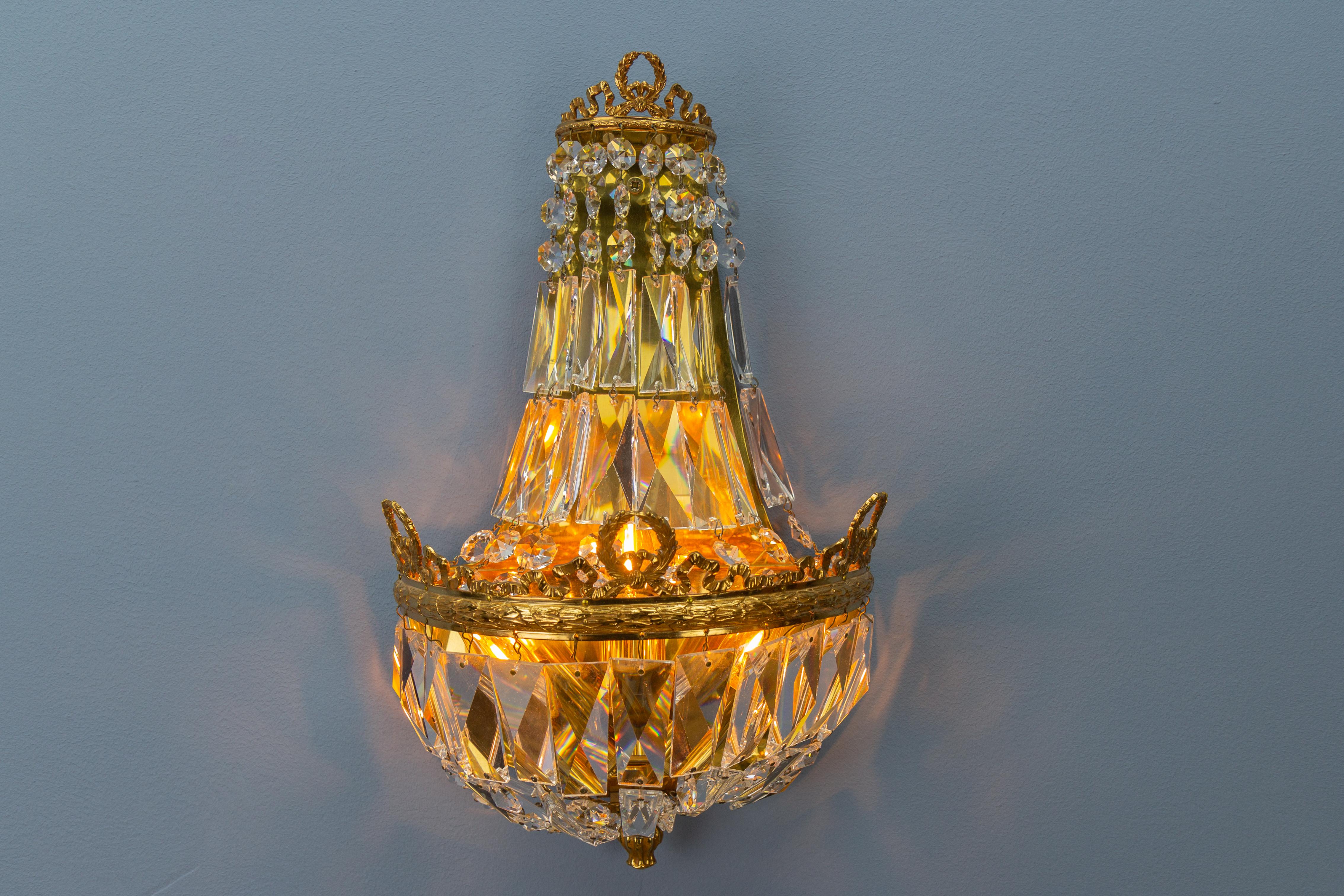 Empire Style Crystal Glass and Brass Sconce by Palwa, Germany, 1960s For Sale 2
