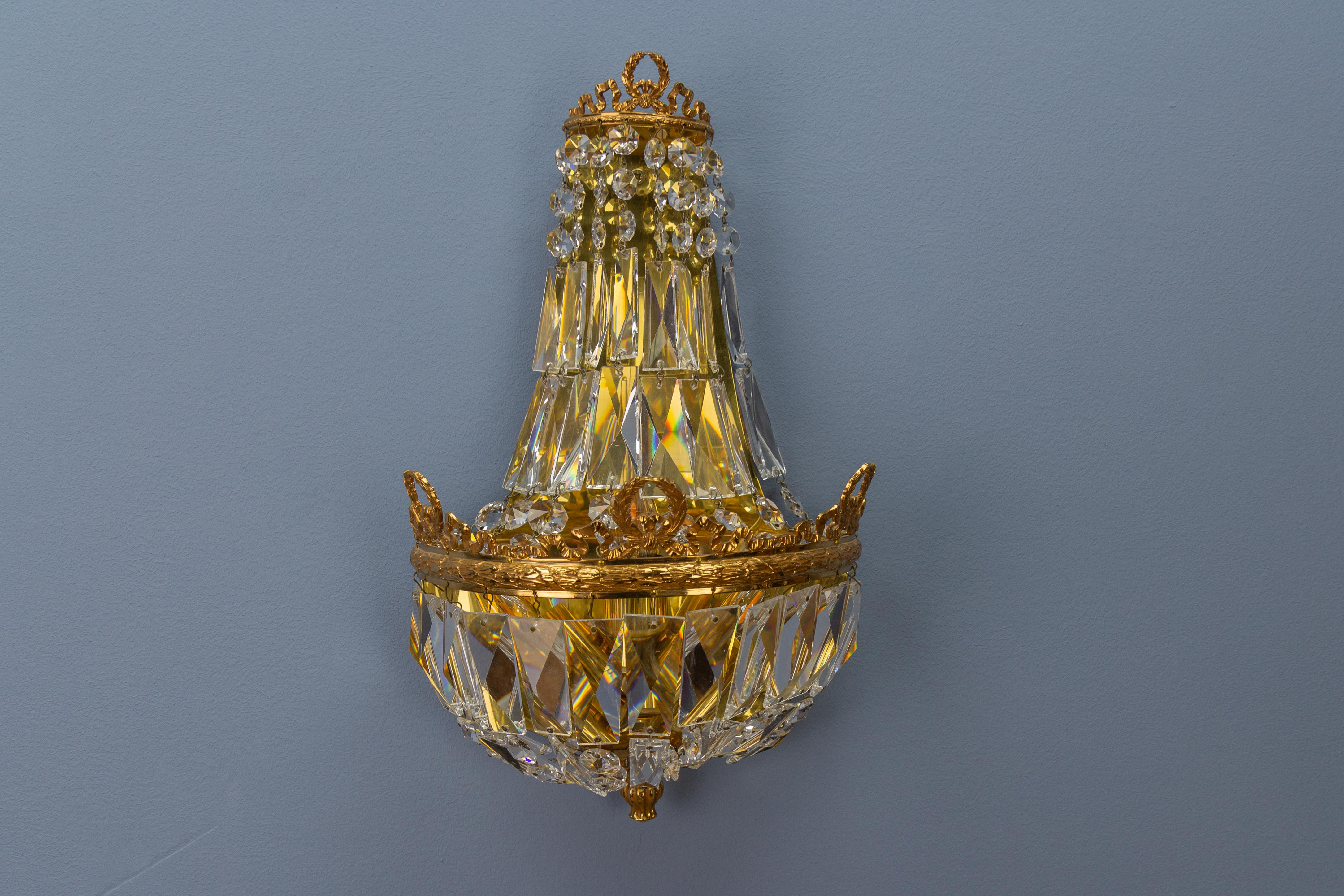 Empire Style Crystal Glass and Brass Sconce by Palwa, Germany, 1960s For Sale 3