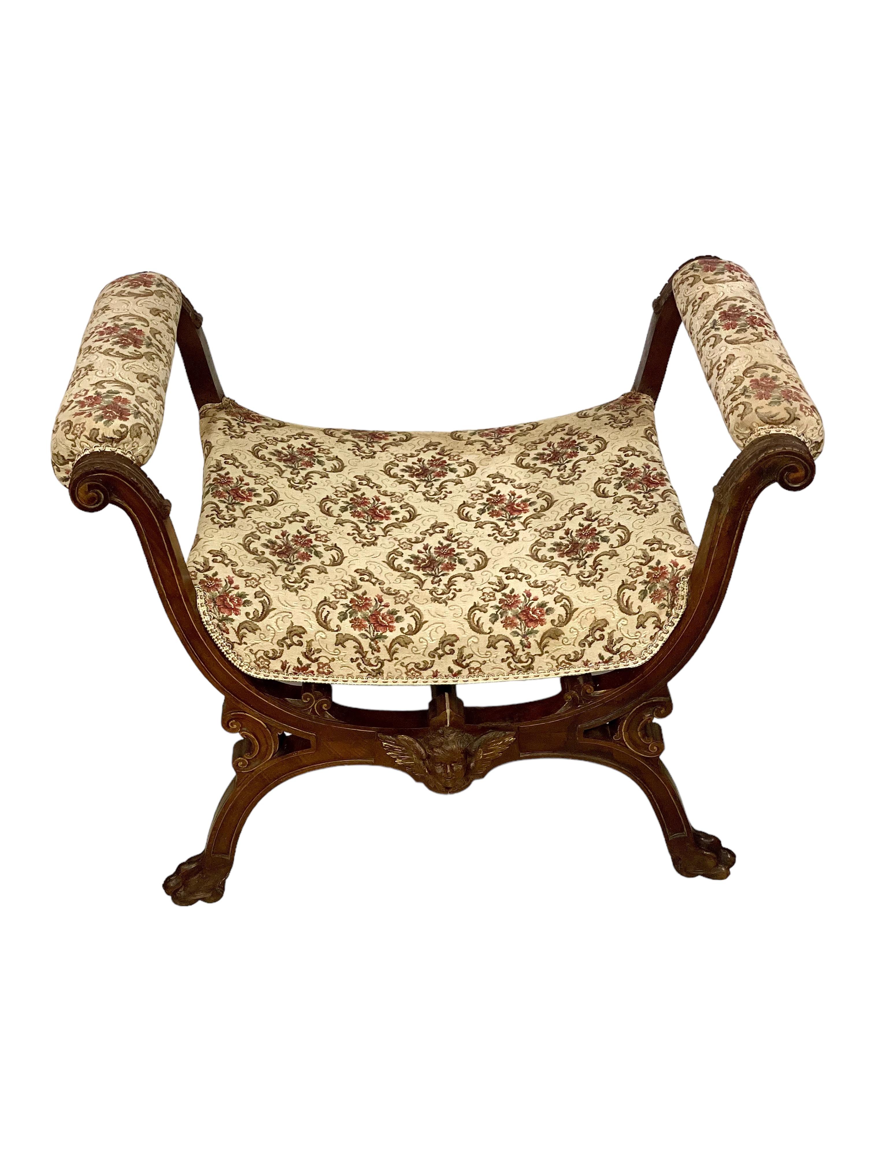 Taburete curul estilo Imperio con asiento tapizado Francés en venta