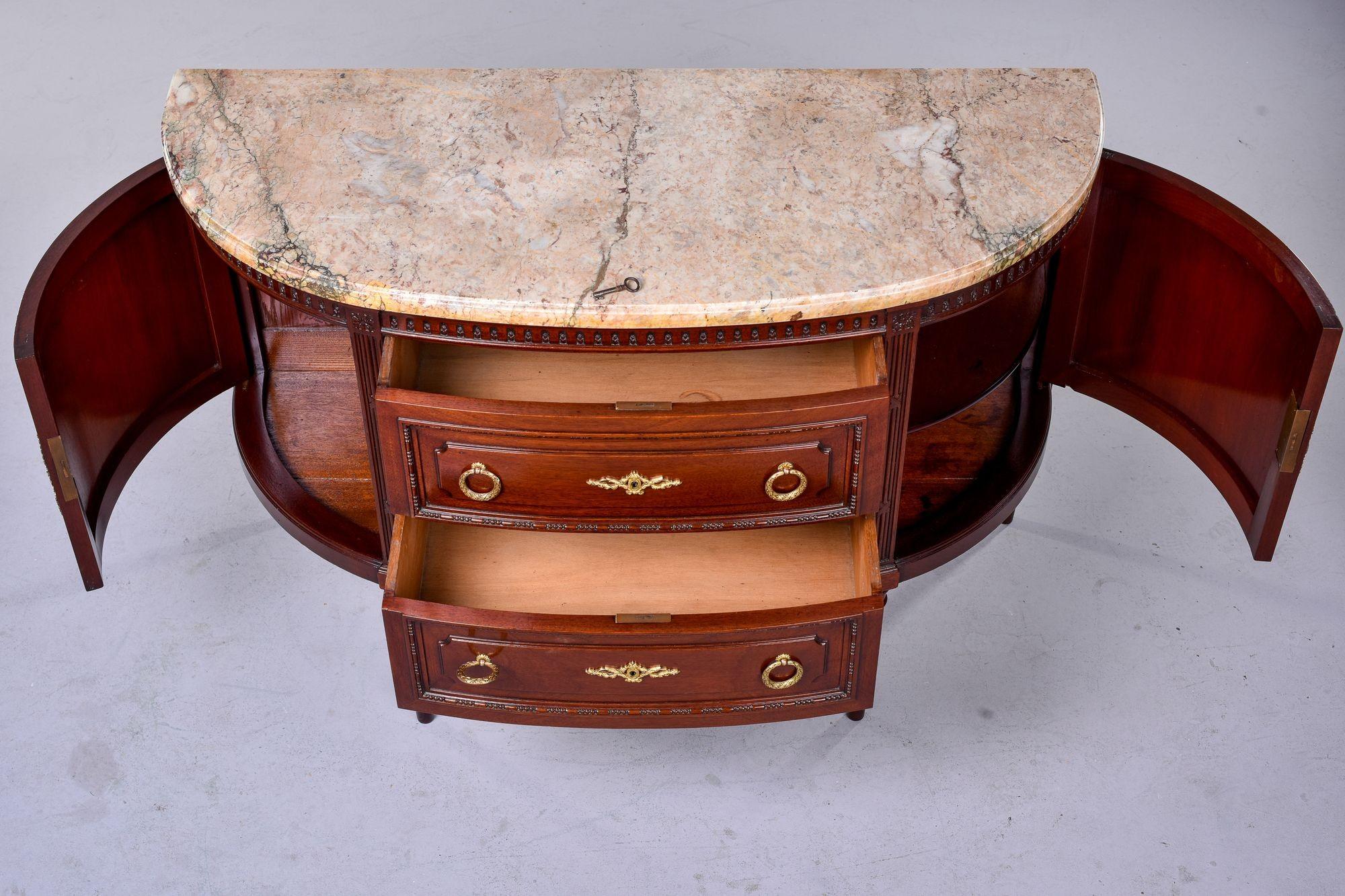 Empire Style Demi Lune Marble Topped Two Door Commode with Two Drawers In Good Condition For Sale In Troy, MI