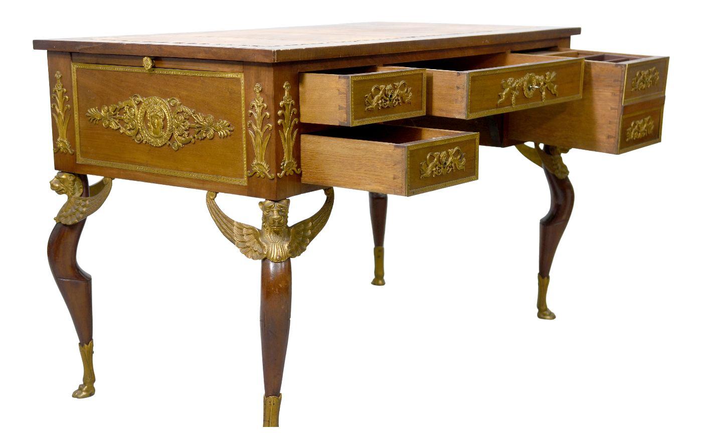 French Empire Style Desk Rich Register of Gilded Bronze For Sale