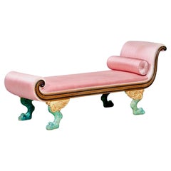 Antique Empire Style Ebonized and Parcel-Gilt Mahogany Upholstered Recamier