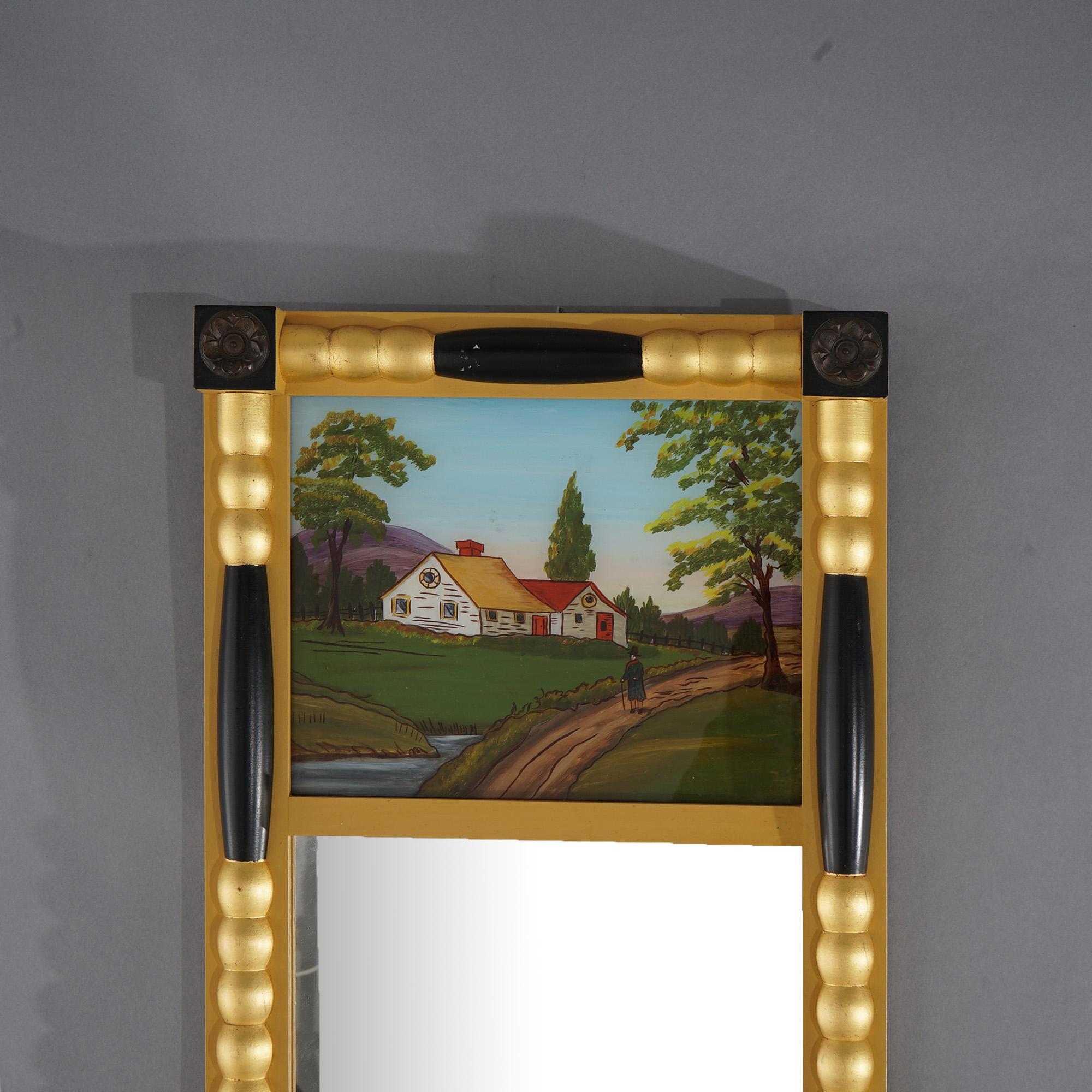 An American Empire style wall mirror offers ebonized and gilt wood frame with hand painted eglomise panel having homestead landscape scene, 20th century

Measures - 27