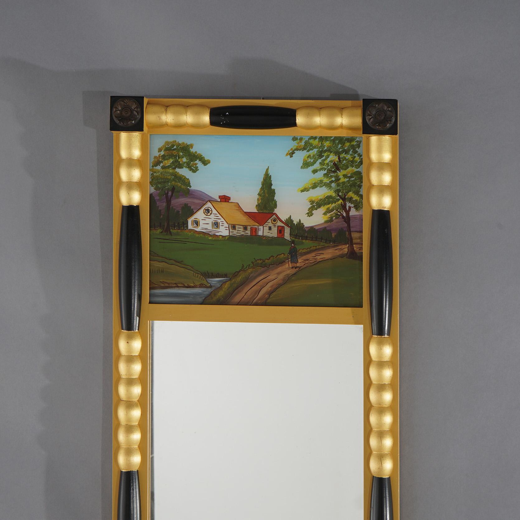 American Empire Empire Style Ebonized & Gilt Mirror, Hand Painted Eglomise Scenic Panel 20thC For Sale