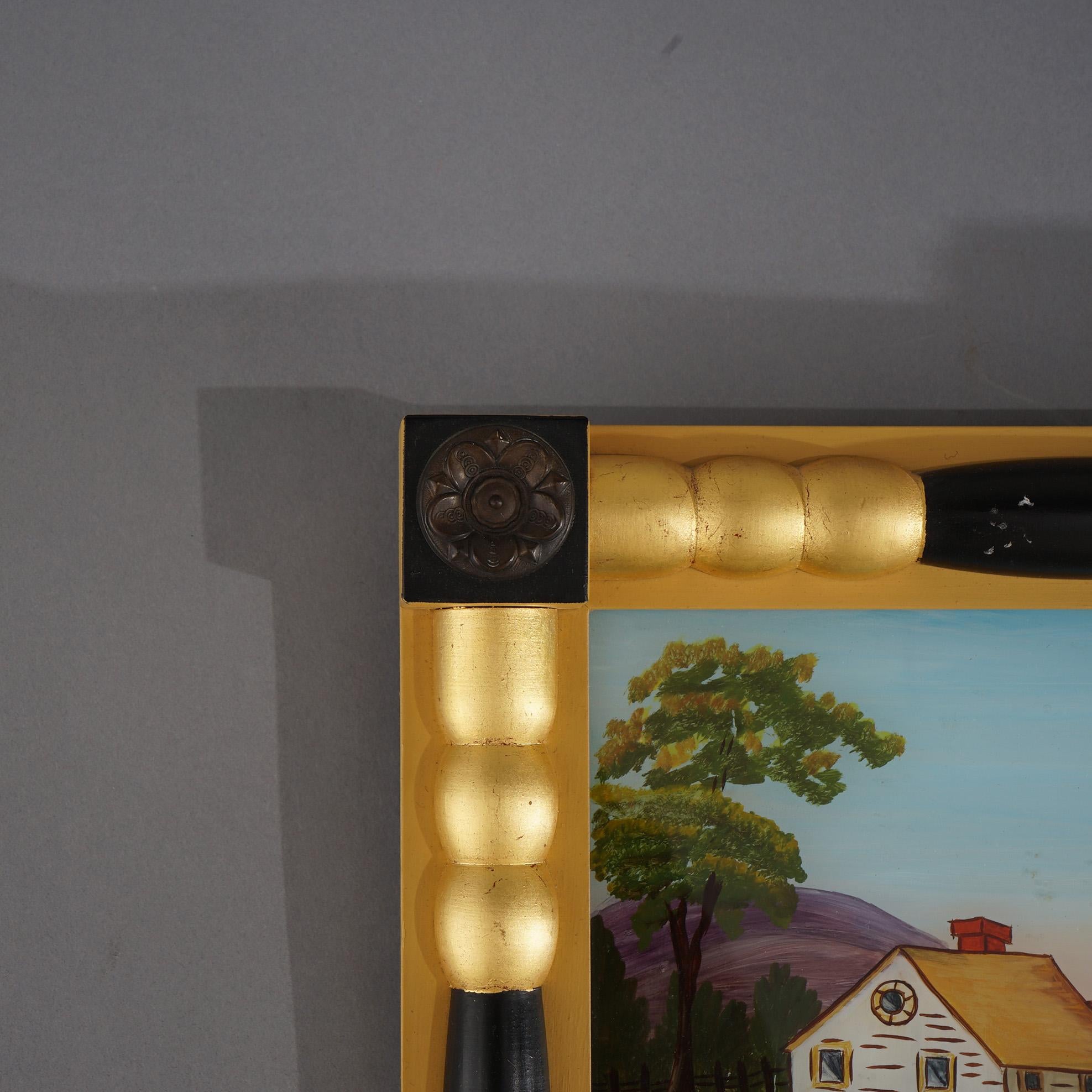 Ebonisierter und vergoldeter Spiegel im Empire-Stil, handgemalte Eglomise-Szenentafel 20. im Zustand „Gut“ im Angebot in Big Flats, NY