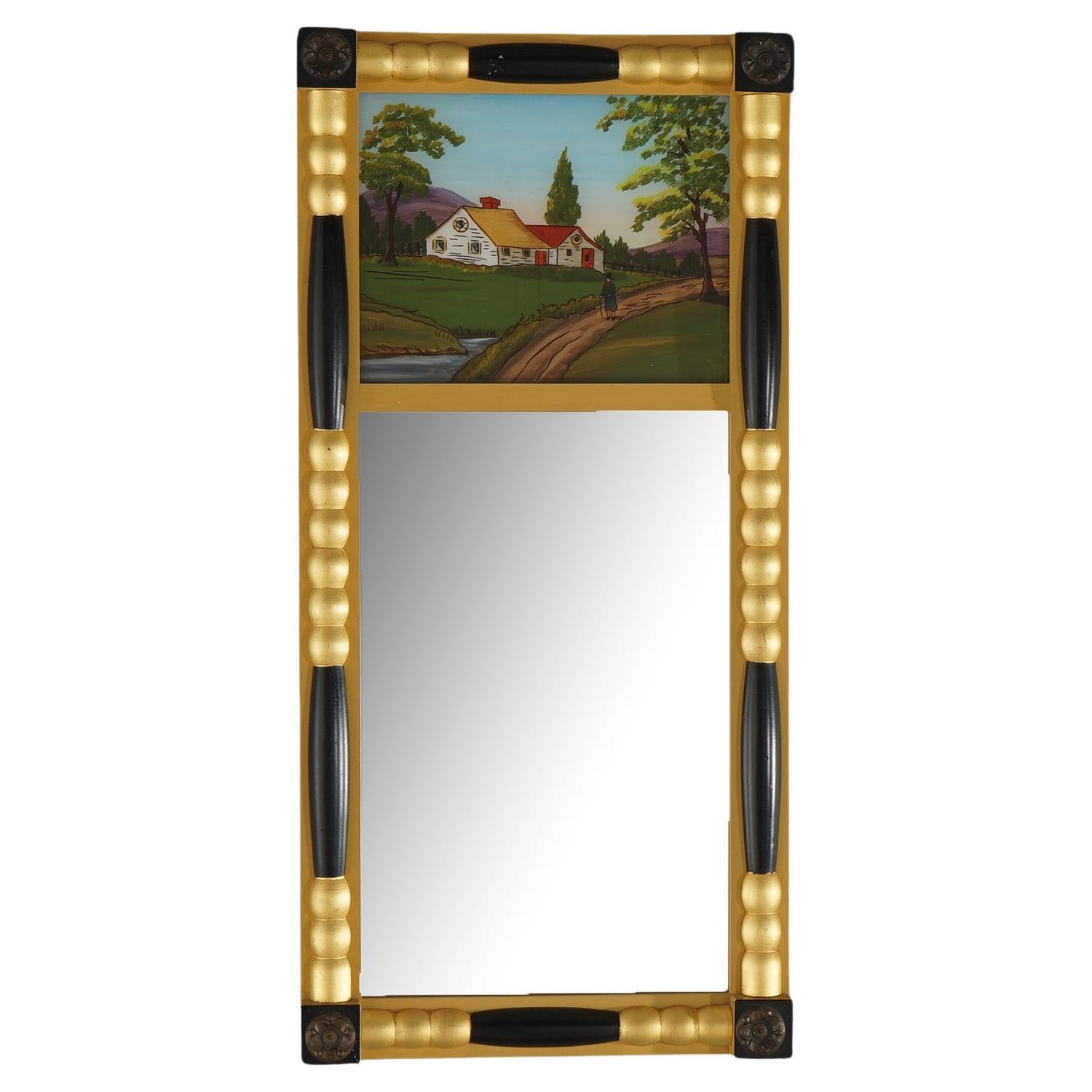Empire Style Ebonized & Gilt Mirror, Hand Painted Eglomise Scenic Panel 20thC For Sale