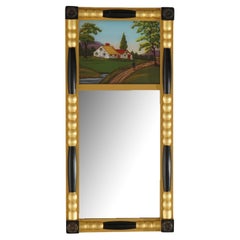 Empire Style Ebonized & Gilt Mirror, Hand Painted Eglomise Scenic Panel 20thC