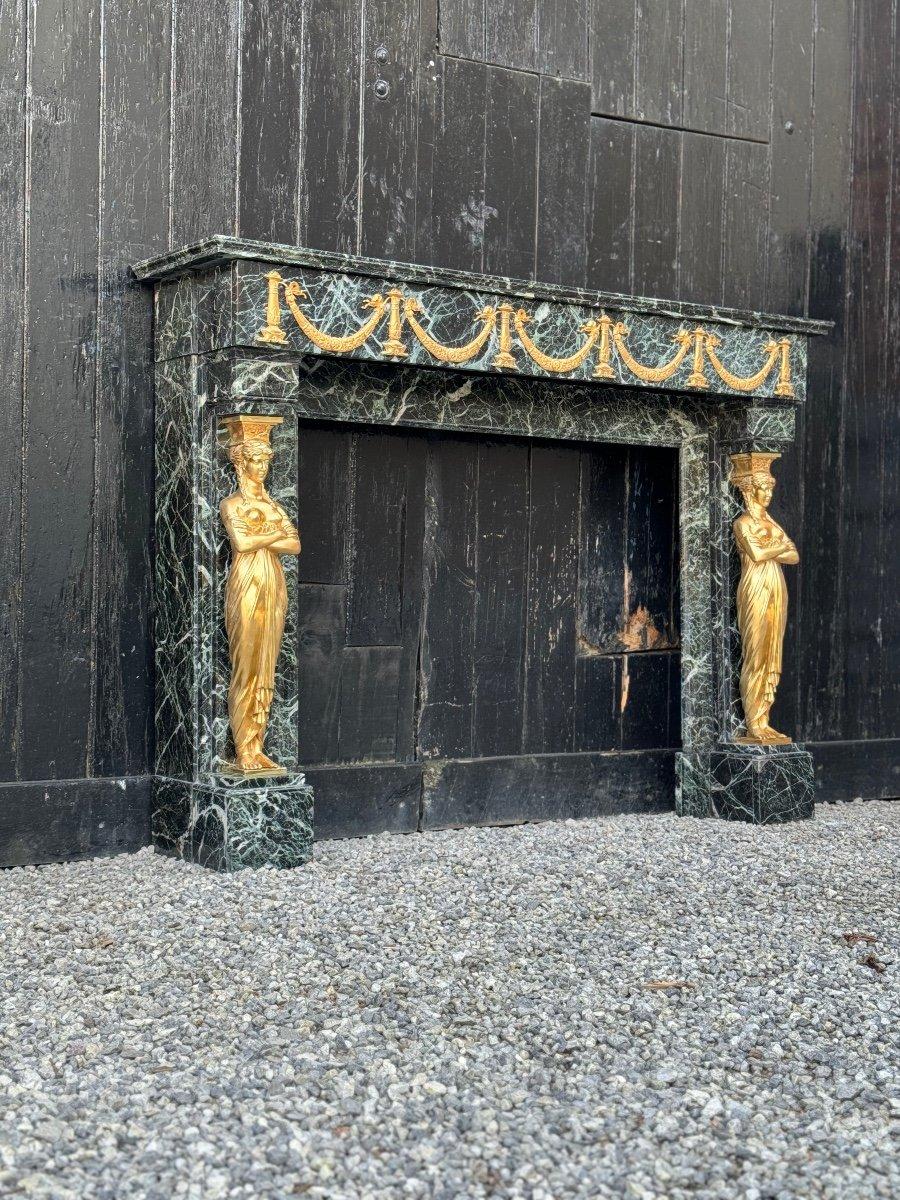 Empire Style Fireplace In Antique Green Marble And Gilded Bronze For Sale 5