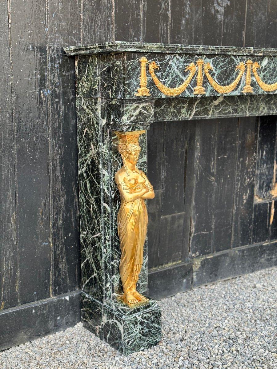 European Empire Style Fireplace In Antique Green Marble And Gilded Bronze For Sale