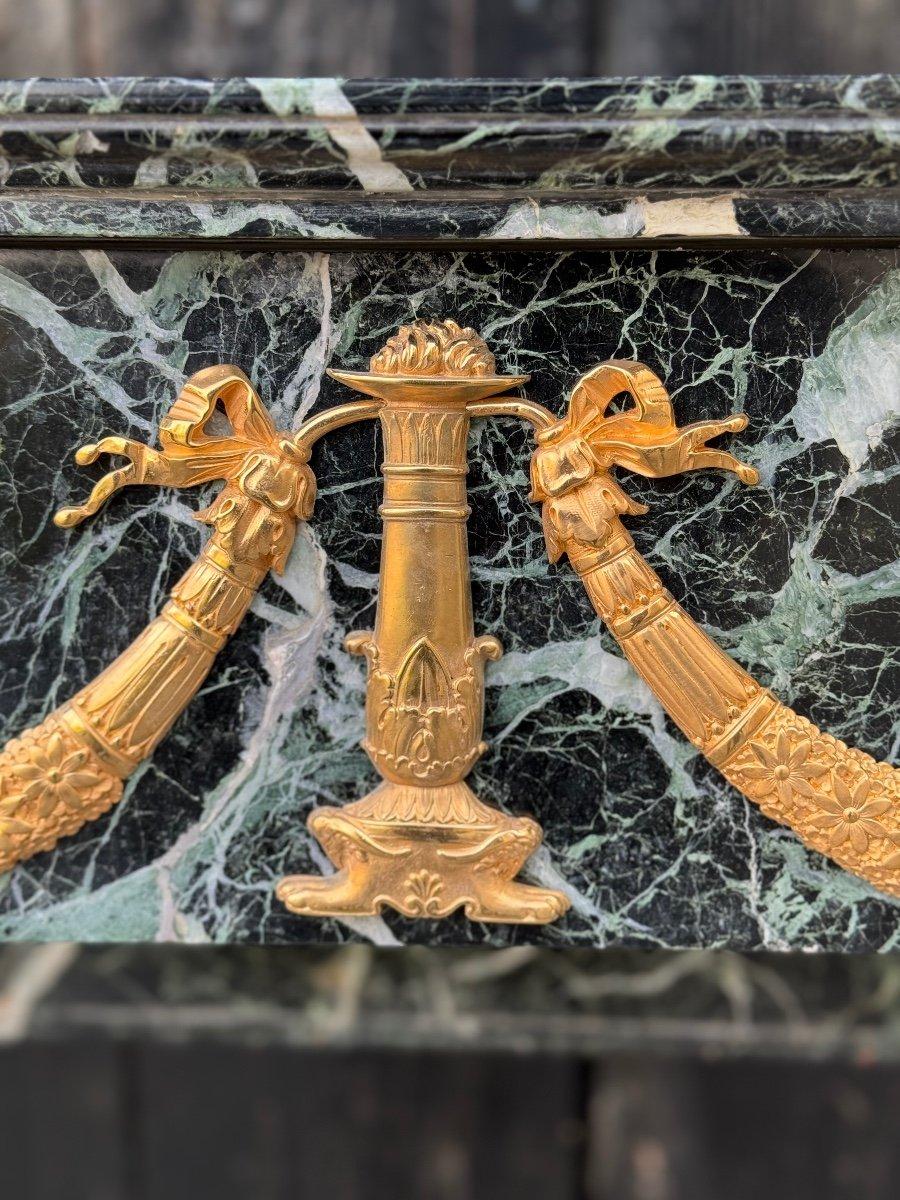 19th Century Empire Style Fireplace In Antique Green Marble And Gilded Bronze For Sale