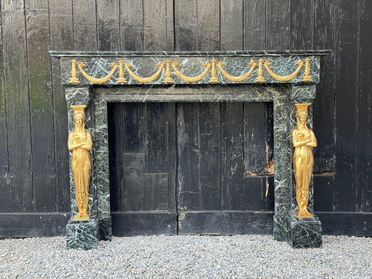 Empire Style Fireplace In Antique Green Marble And Gilded Bronze For Sale 4