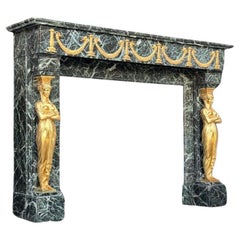 Empire Style Fireplace In Antique Green Marble And Gilded Bronze