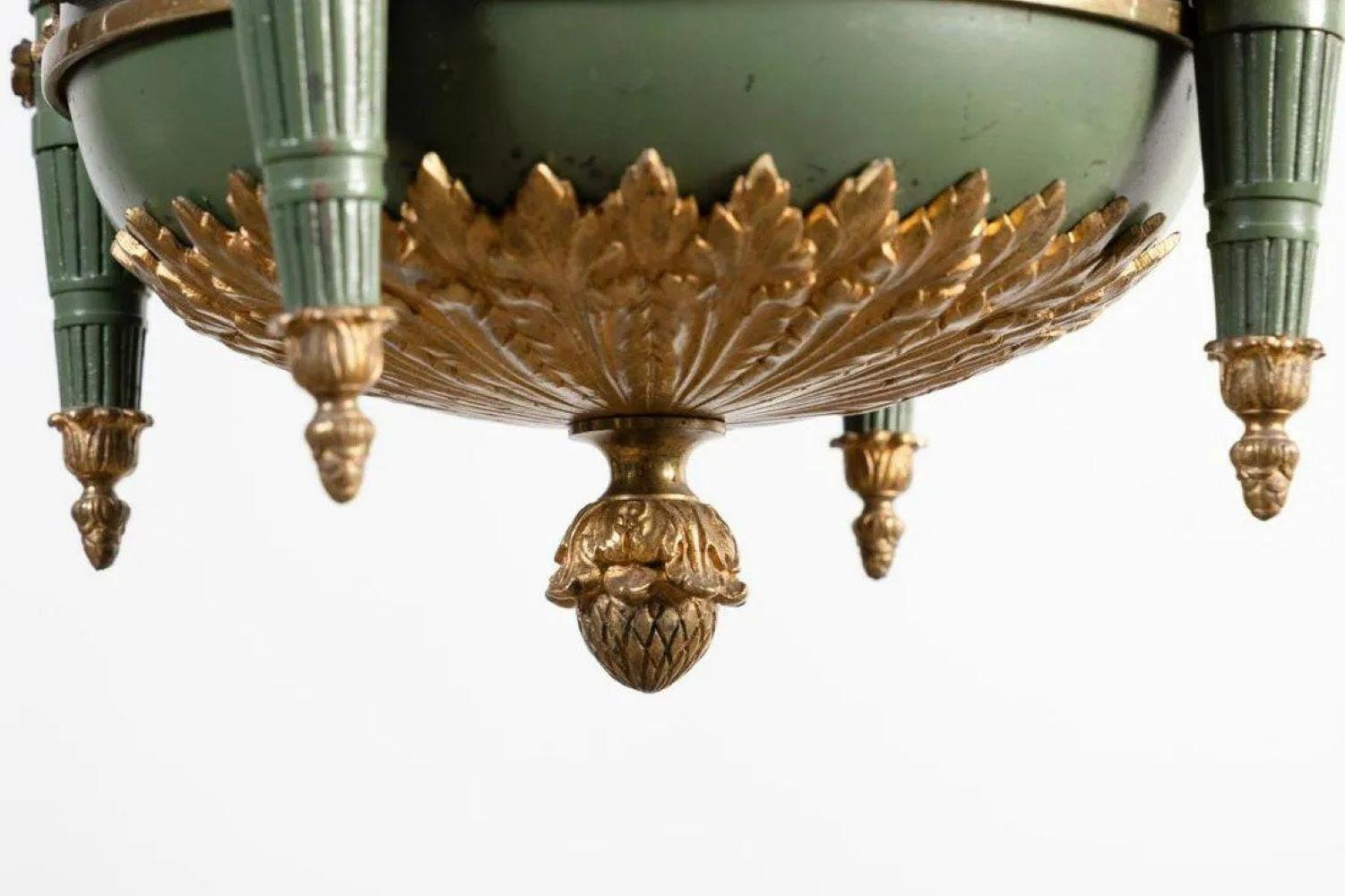Empire Style Four Light Green Painted & Gilt Chandelier For Sale 5