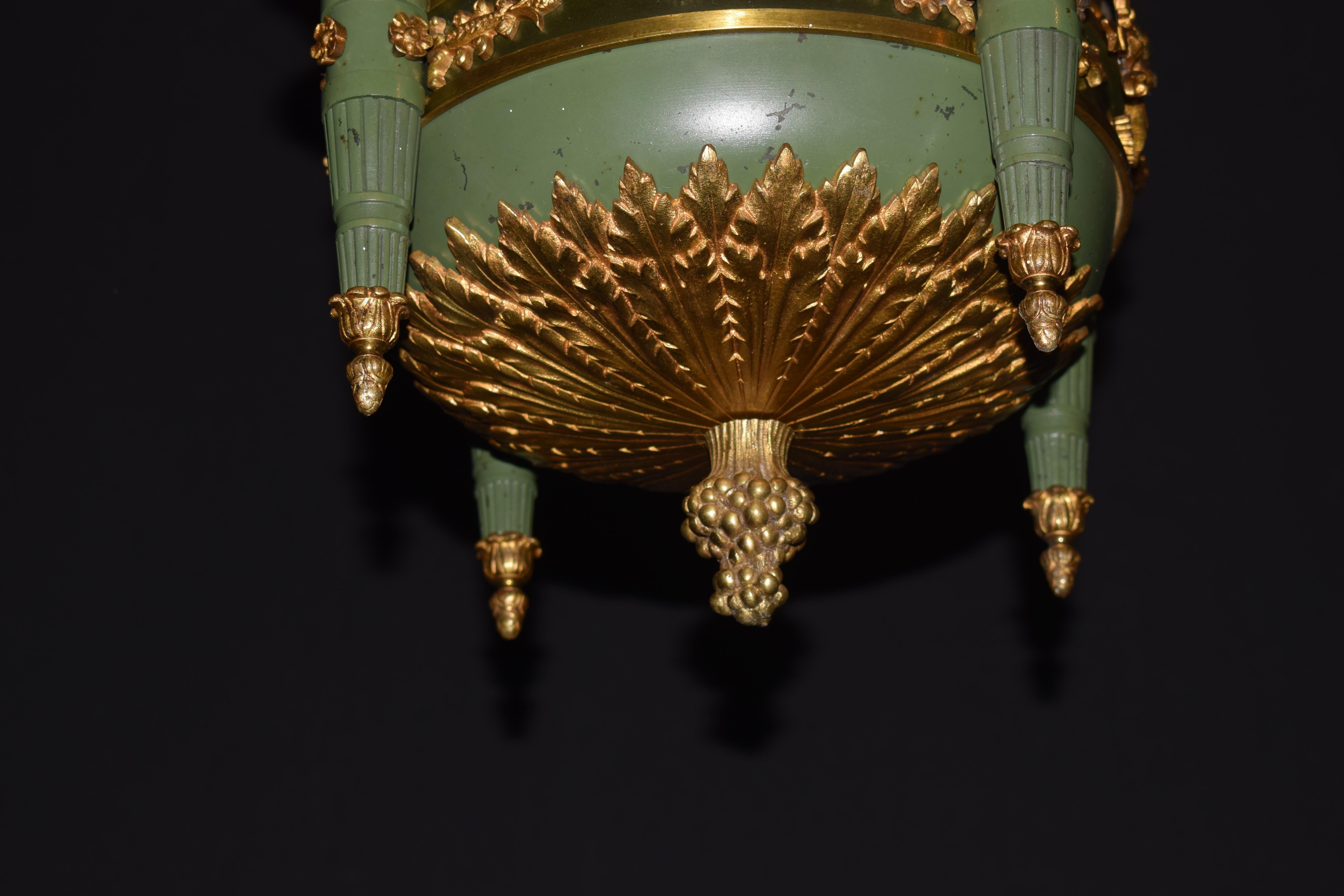 Empire Style Four Light Green Painted & Gilt Chandelier For Sale 9